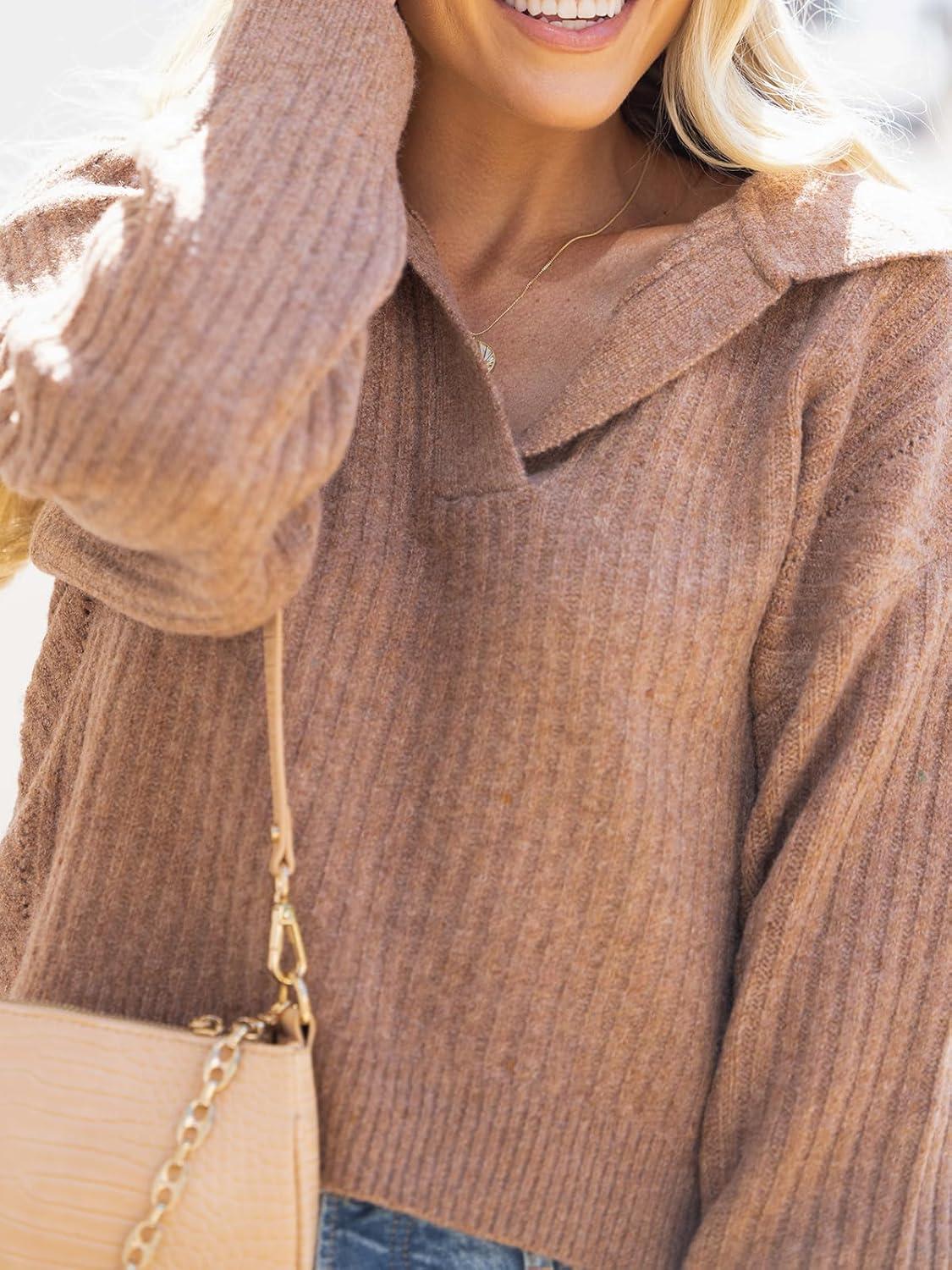 imageCUPSHE Women V Neck Sweater Tops Long Sleeves Top Knit Pullover Sweater CasualBrown