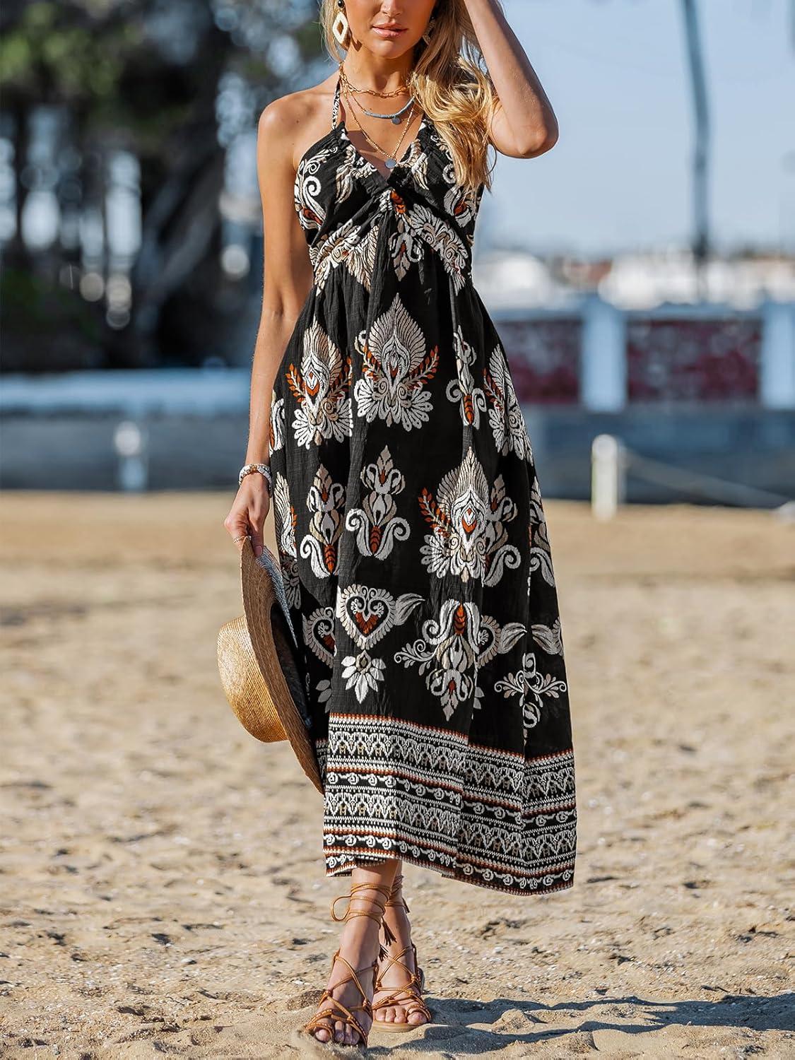 imageCUPSHE Womens Backless Beach Dress Halter Neck Ruffle Plunge V Neck Sleeveless Maxi Sundress Summer DressesBlack