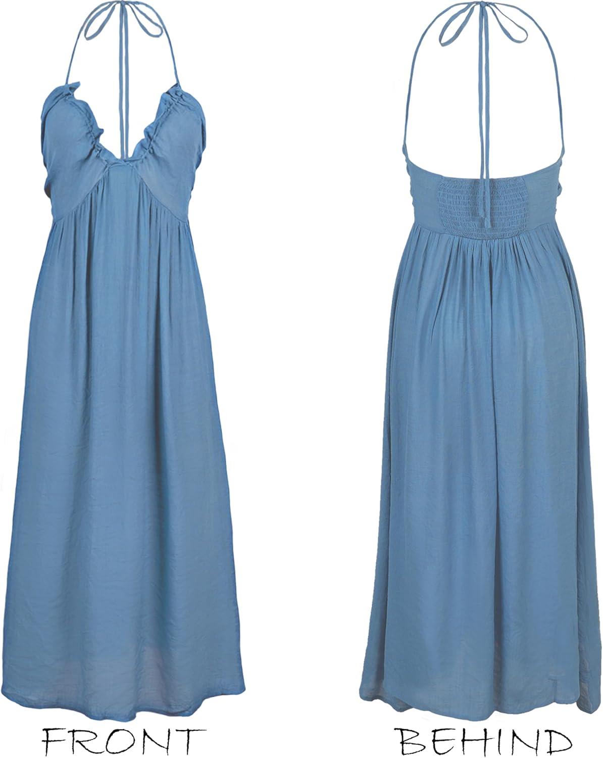 imageCUPSHE Womens Backless Beach Dress Halter Neck Ruffle Plunge V Neck Sleeveless Maxi Sundress Summer DressesBlue