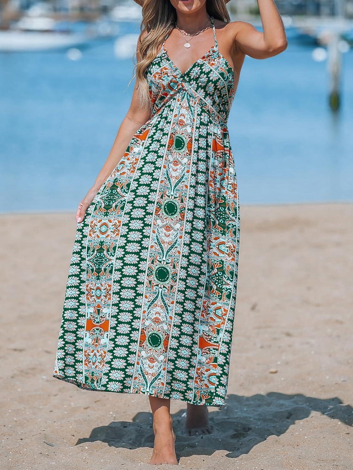 imageCUPSHE Womens Backless Beach Dress Halter Neck Ruffle Plunge V Neck Sleeveless Maxi Sundress Summer DressesGreen Paisley
