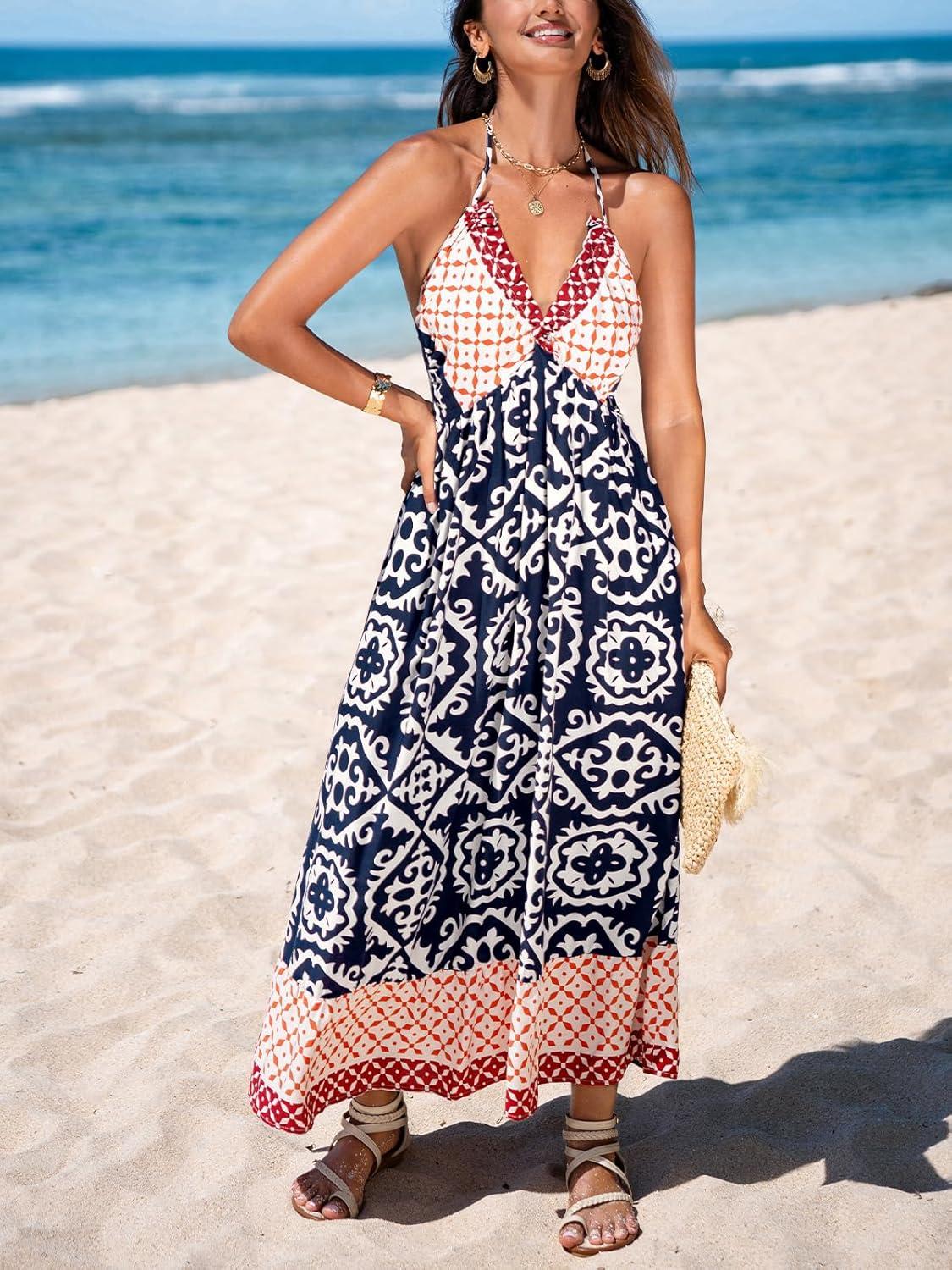 imageCUPSHE Womens Backless Beach Dress Halter Neck Ruffle Plunge V Neck Sleeveless Maxi Sundress Summer DressesNavy Blue Boho