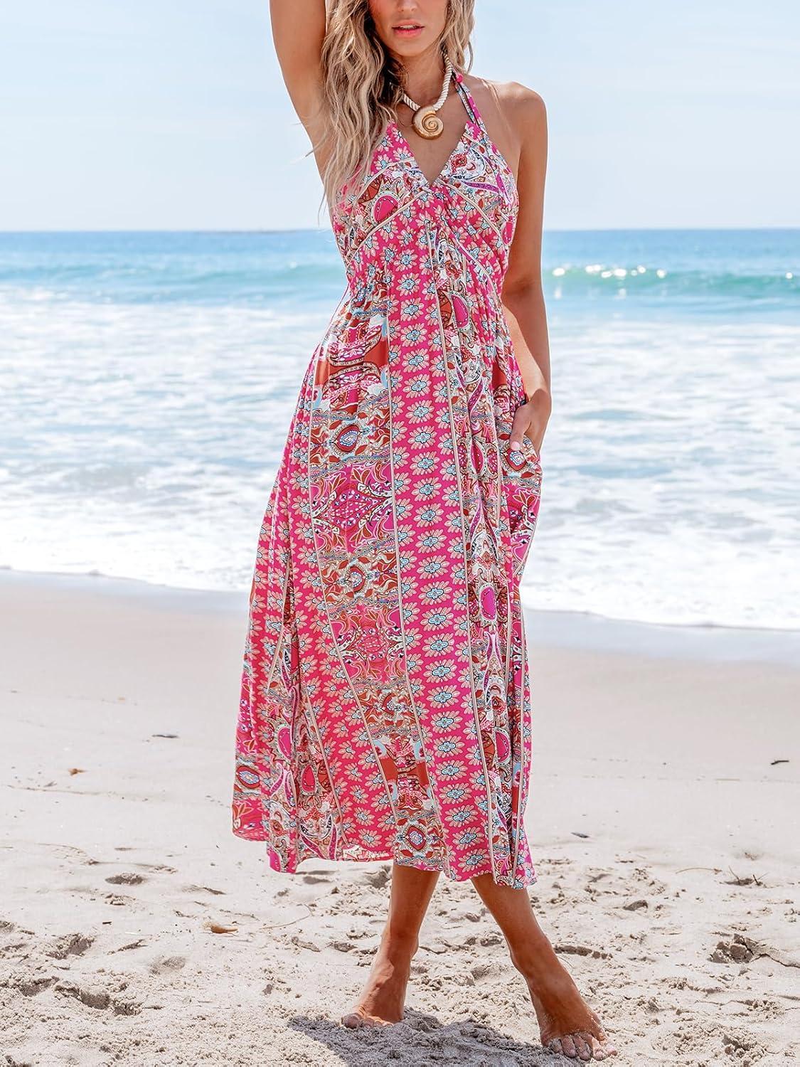 imageCUPSHE Womens Backless Beach Dress Halter Neck Ruffle Plunge V Neck Sleeveless Maxi Sundress Summer DressesPink Paisley