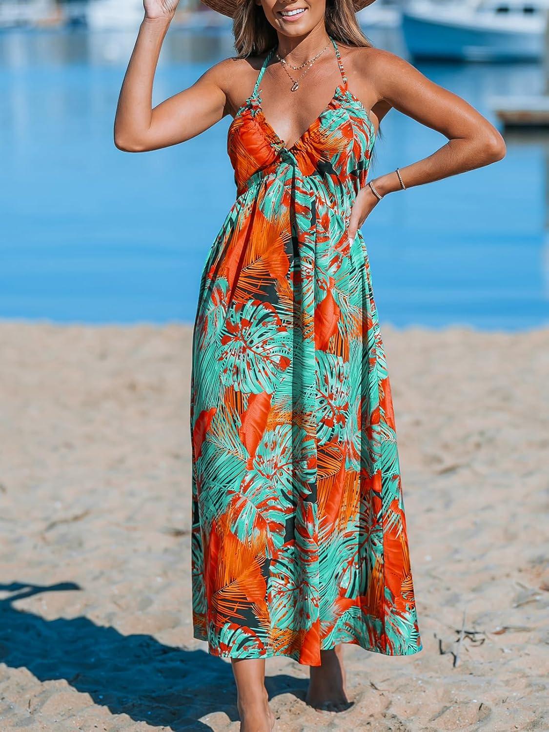 imageCUPSHE Womens Backless Beach Dress Halter Neck Ruffle Plunge V Neck Sleeveless Maxi Sundress Summer DressesTropical Green