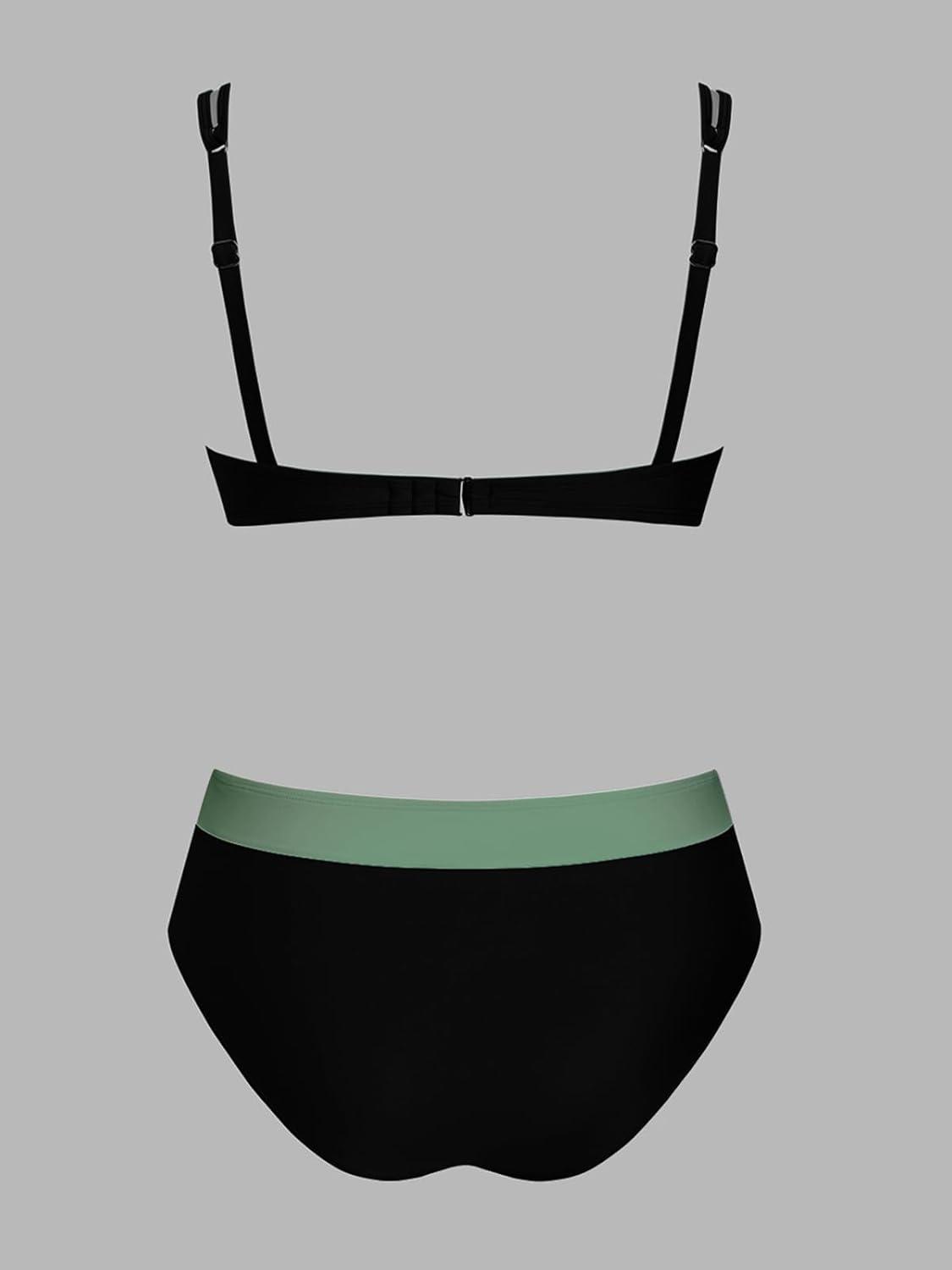 imageCUPSHE Womens Bikini Sets Two Piece Bathing Suit High Waisted Underwire Wide Adjustable Straps Color Block Back HookBlackGreen