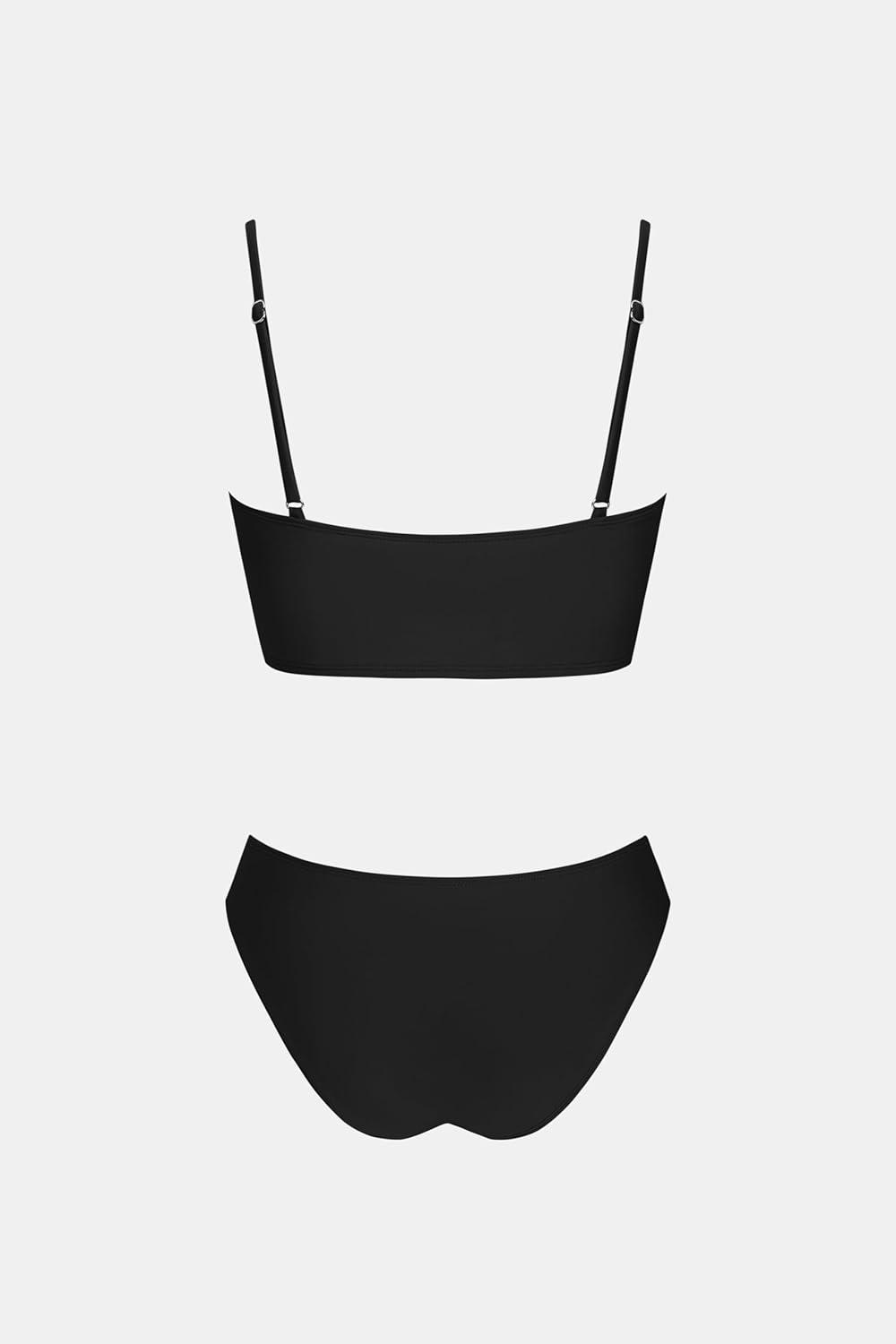imageCUPSHE Womens Bikini Sets Two Piece Swimsuit Bandeau Top Square Neck Mid Rise Ruched Bathing Suit Spaghetti StrapsBlack
