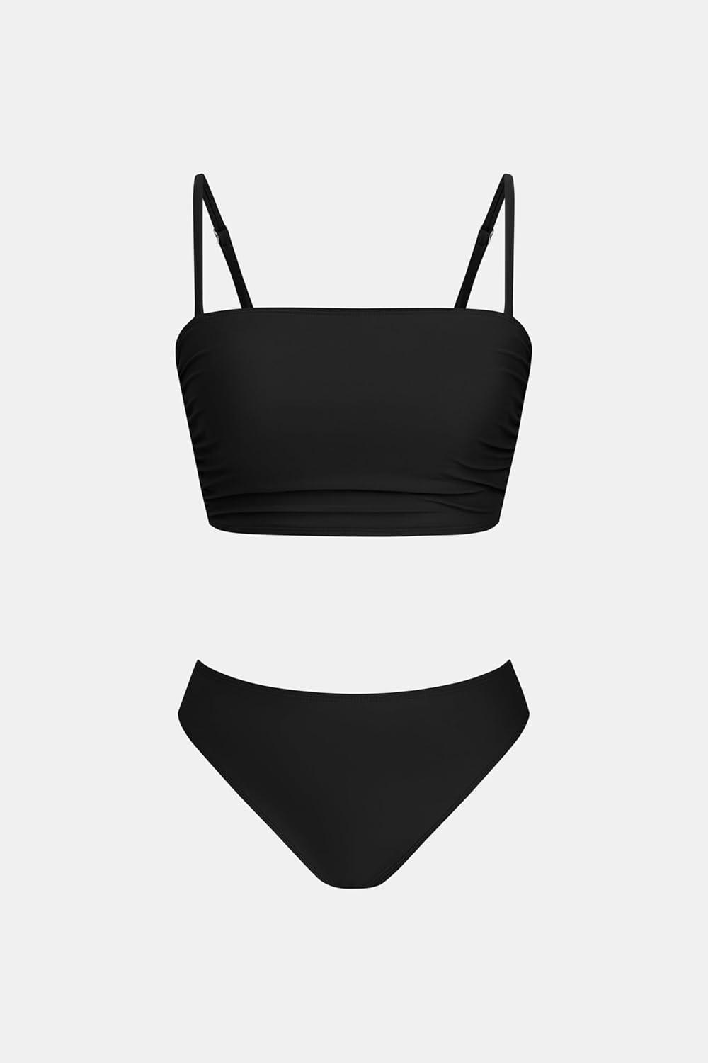 imageCUPSHE Womens Bikini Sets Two Piece Swimsuit Bandeau Top Square Neck Mid Rise Ruched Bathing Suit Spaghetti StrapsBlack