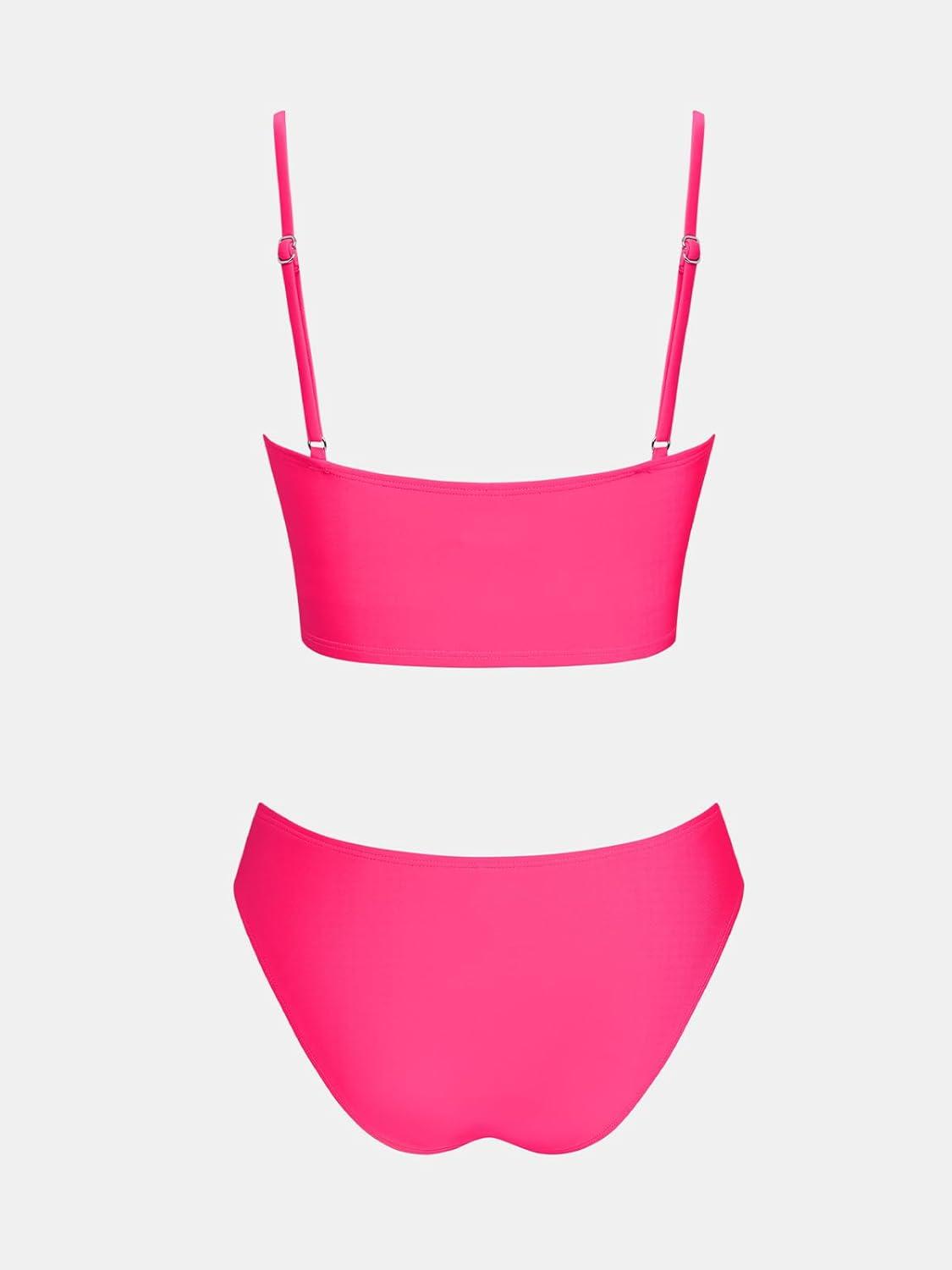 imageCUPSHE Womens Bikini Sets Two Piece Swimsuit Bandeau Top Square Neck Mid Rise Ruched Bathing Suit Spaghetti StrapsBright Pink