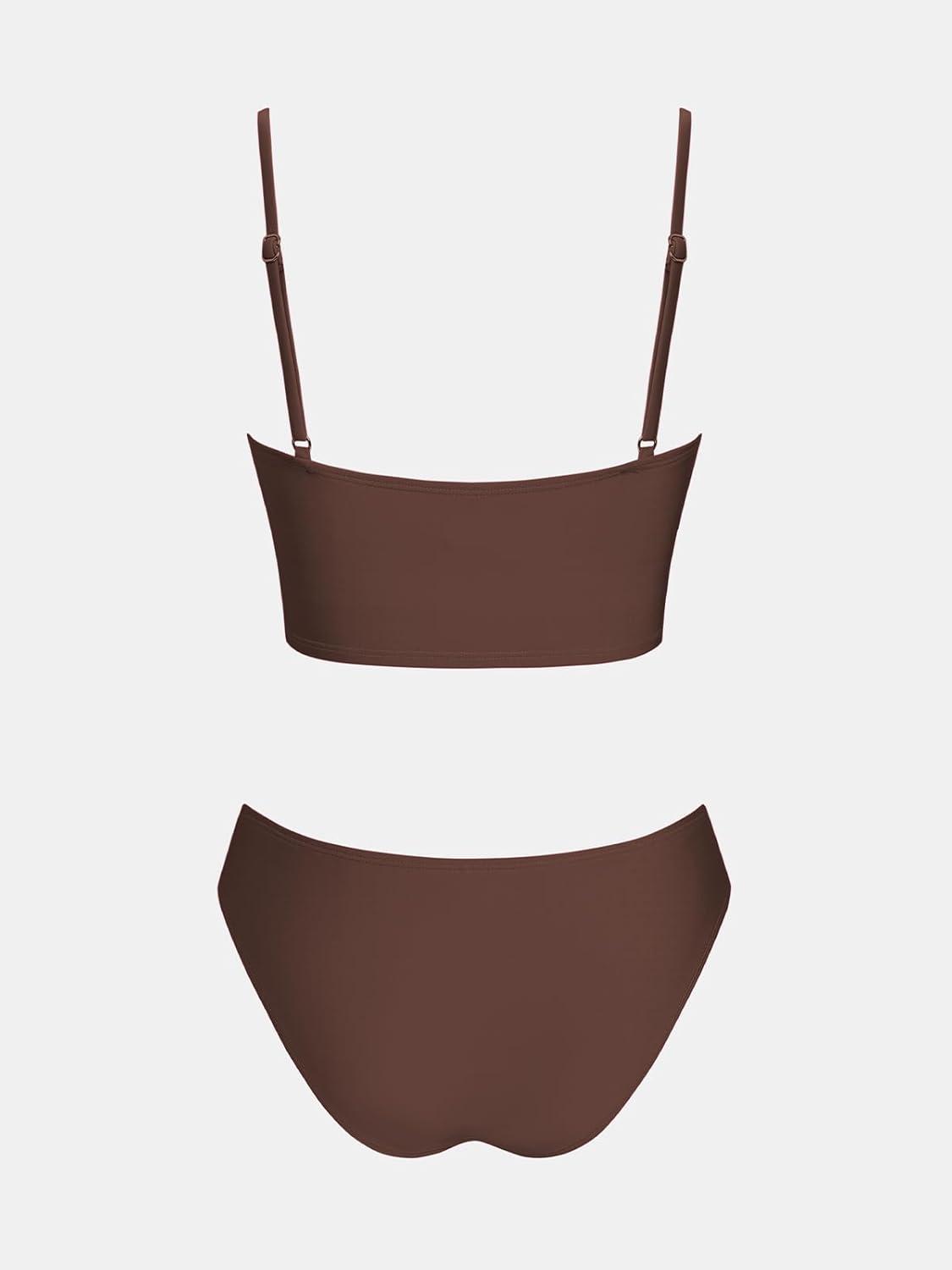 imageCUPSHE Womens Bikini Sets Two Piece Swimsuit Bandeau Top Square Neck Mid Rise Ruched Bathing Suit Spaghetti StrapsChocolate Brown