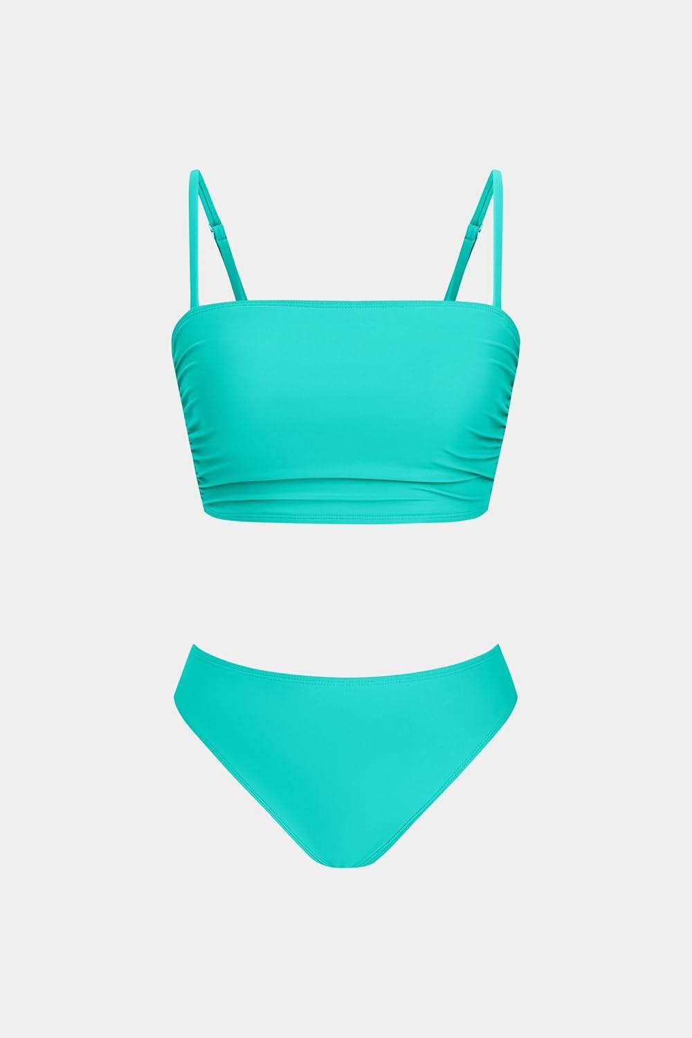 imageCUPSHE Womens Bikini Sets Two Piece Swimsuit Bandeau Top Square Neck Mid Rise Ruched Bathing Suit Spaghetti StrapsGreen