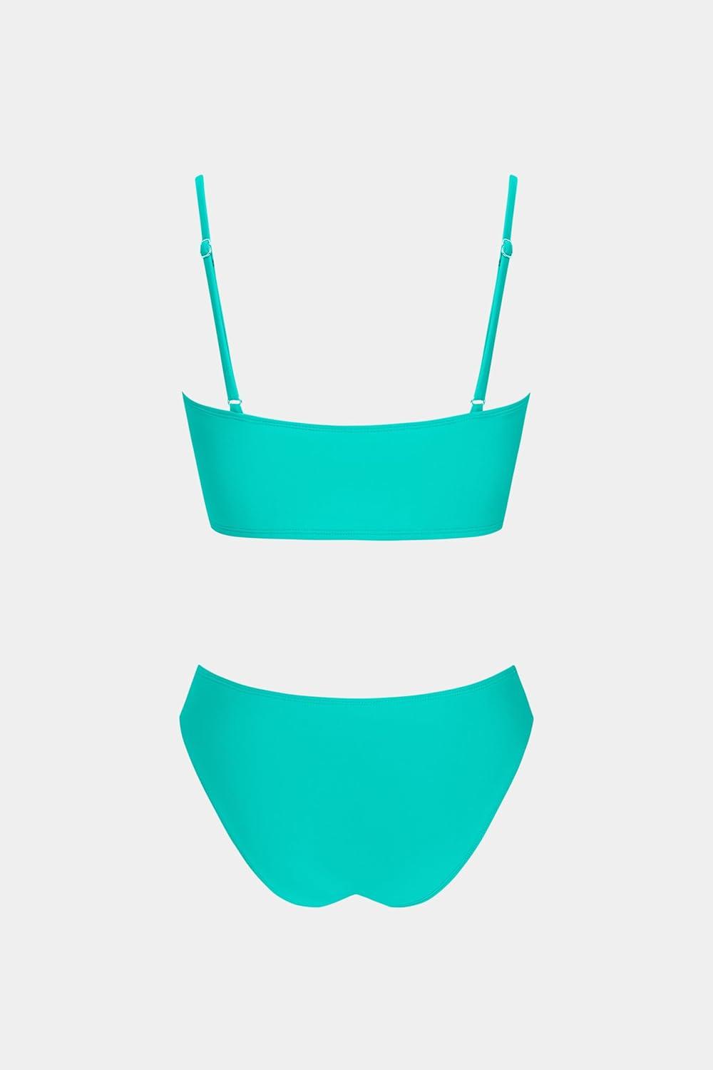 imageCUPSHE Womens Bikini Sets Two Piece Swimsuit Bandeau Top Square Neck Mid Rise Ruched Bathing Suit Spaghetti StrapsGreen