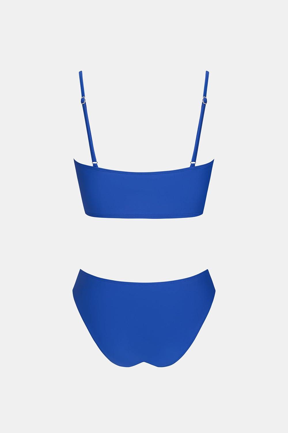 imageCUPSHE Womens Bikini Sets Two Piece Swimsuit Bandeau Top Square Neck Mid Rise Ruched Bathing Suit Spaghetti StrapsRoyal Blue