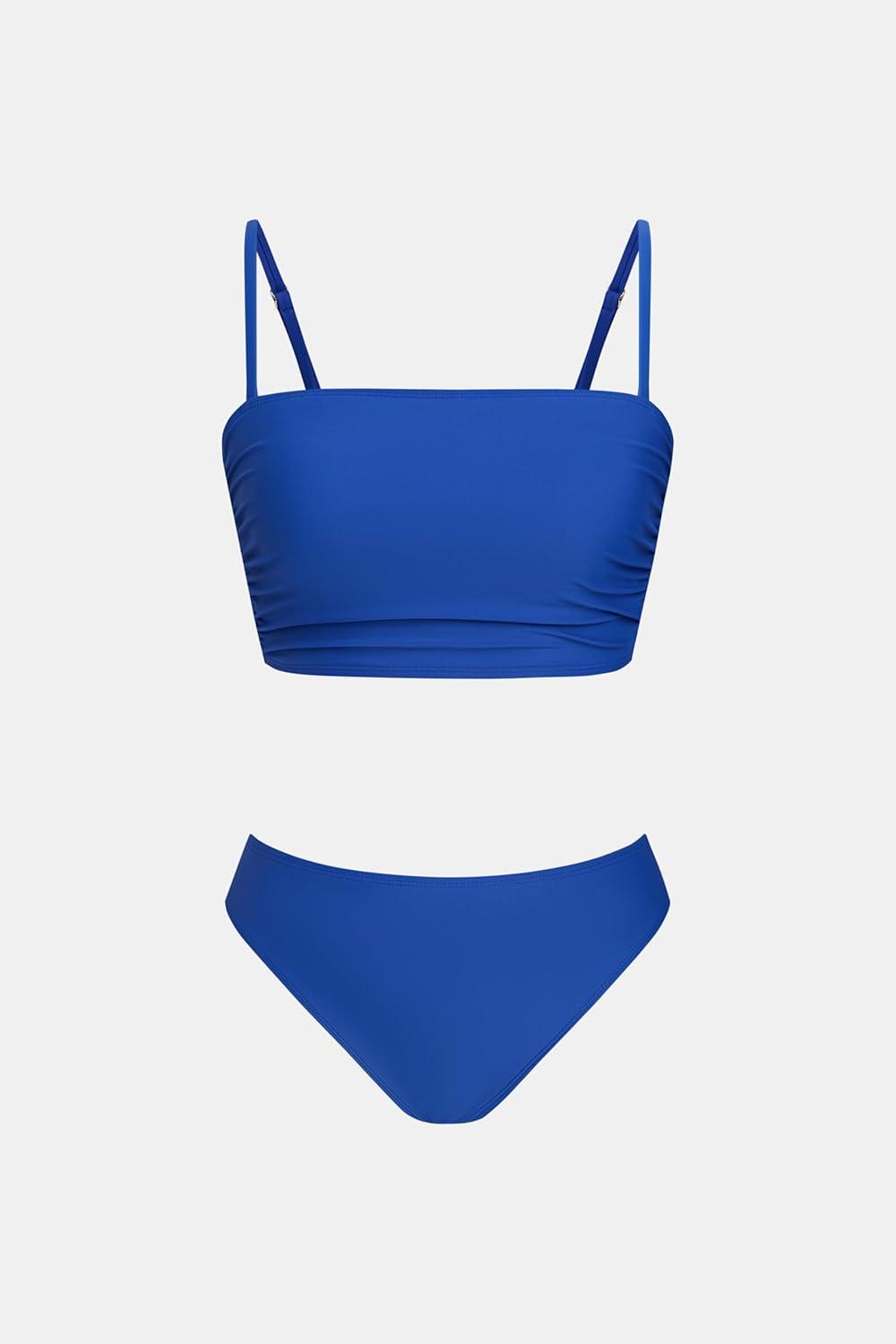 imageCUPSHE Womens Bikini Sets Two Piece Swimsuit Bandeau Top Square Neck Mid Rise Ruched Bathing Suit Spaghetti StrapsRoyal Blue