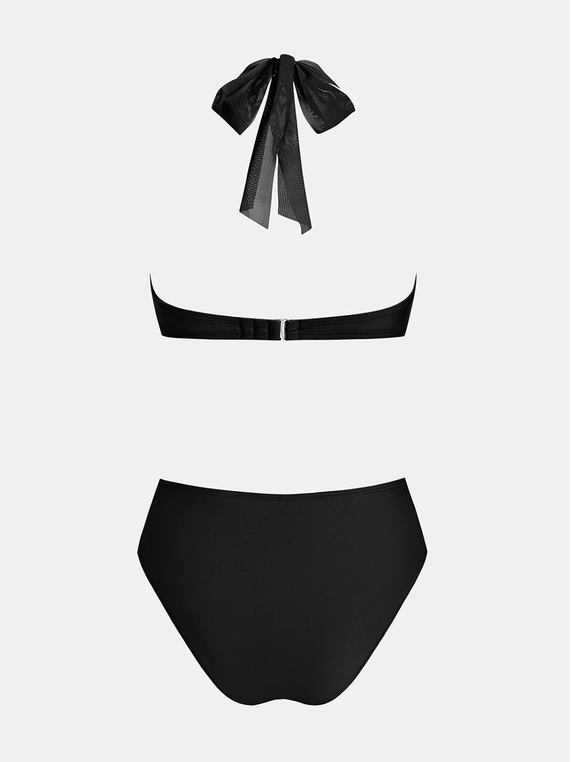 imageCUPSHE Womens Bikini Sets Two Piece Swimsuit High Waisted Bandeau Mesh Halter Tummy Control Back Hook Bathing SuitBlack