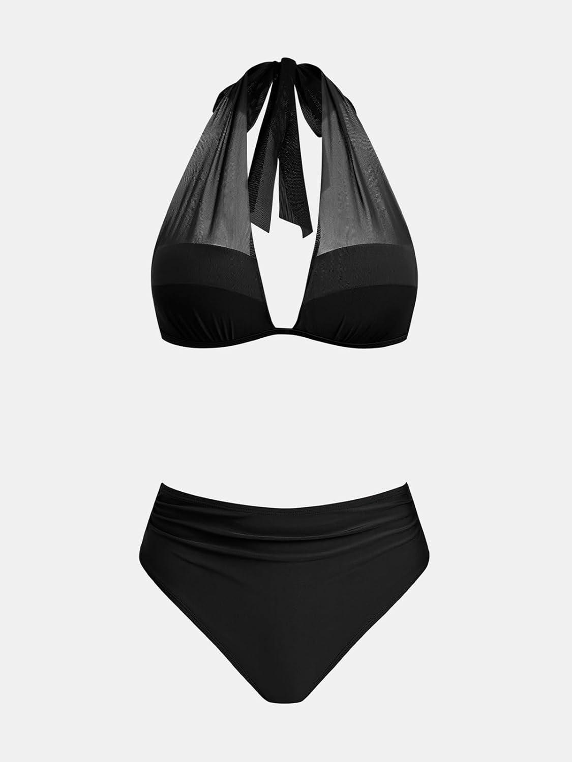 imageCUPSHE Womens Bikini Sets Two Piece Swimsuit High Waisted Bandeau Mesh Halter Tummy Control Back Hook Bathing SuitBlack