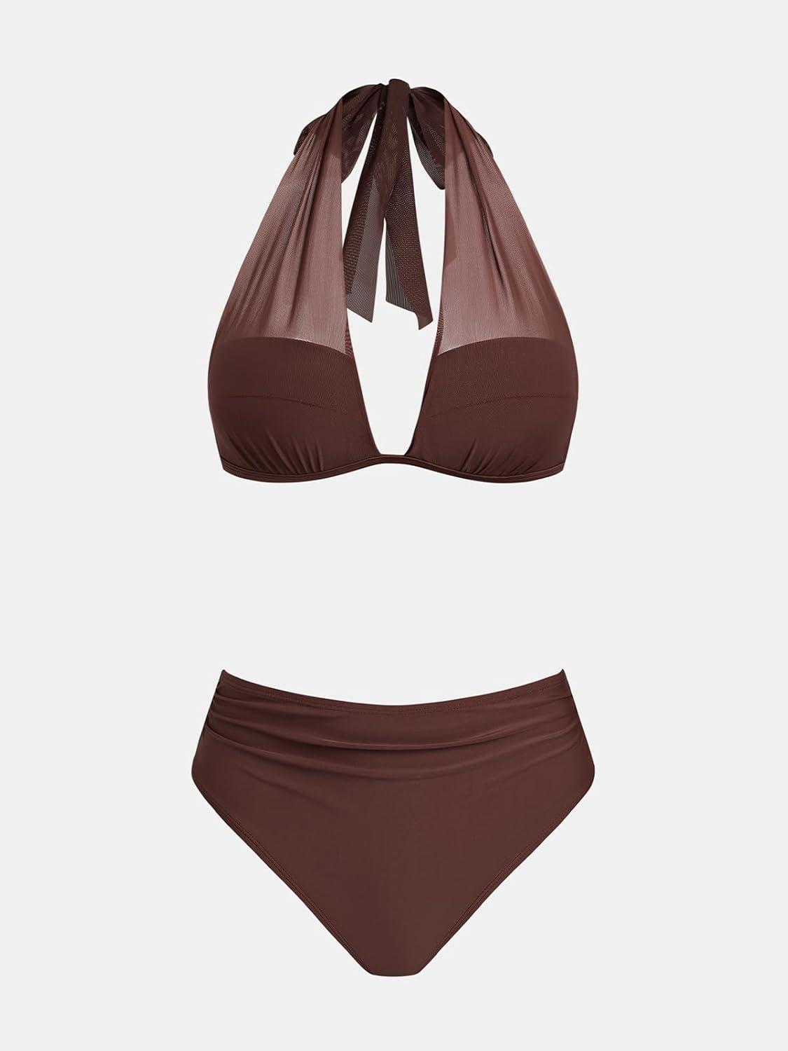 imageCUPSHE Womens Bikini Sets Two Piece Swimsuit High Waisted Bandeau Mesh Halter Tummy Control Back Hook Bathing SuitCoffee Brown