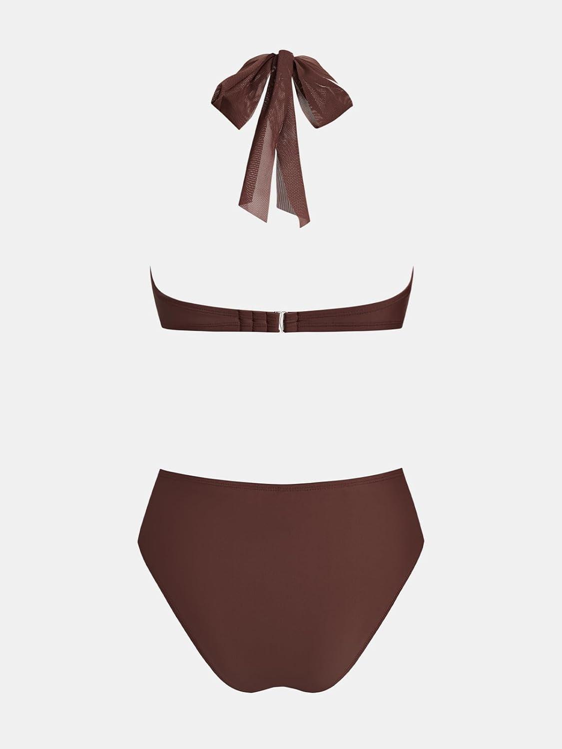 imageCUPSHE Womens Bikini Sets Two Piece Swimsuit High Waisted Bandeau Mesh Halter Tummy Control Back Hook Bathing SuitCoffee Brown