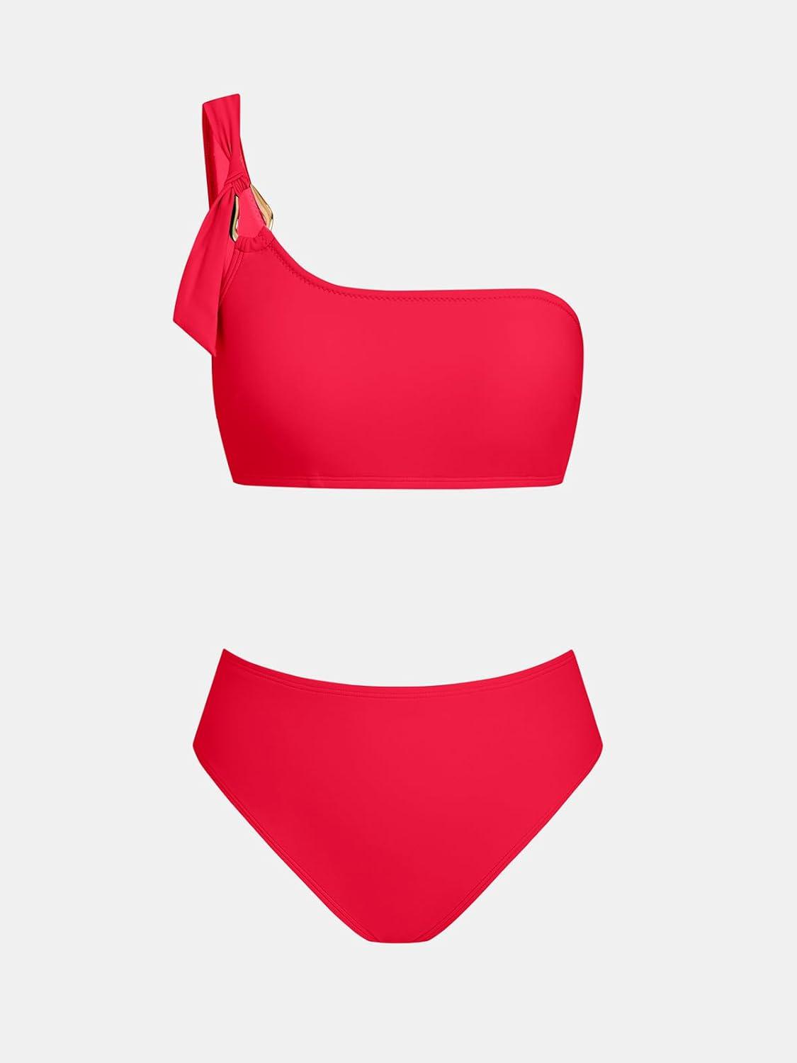 imageCUPSHE Womens Bikini Sets Two Piece Swimsuit High Waisted One Shoulder Asymmetrical Neck Self Tie Bathing SuitSolid Red