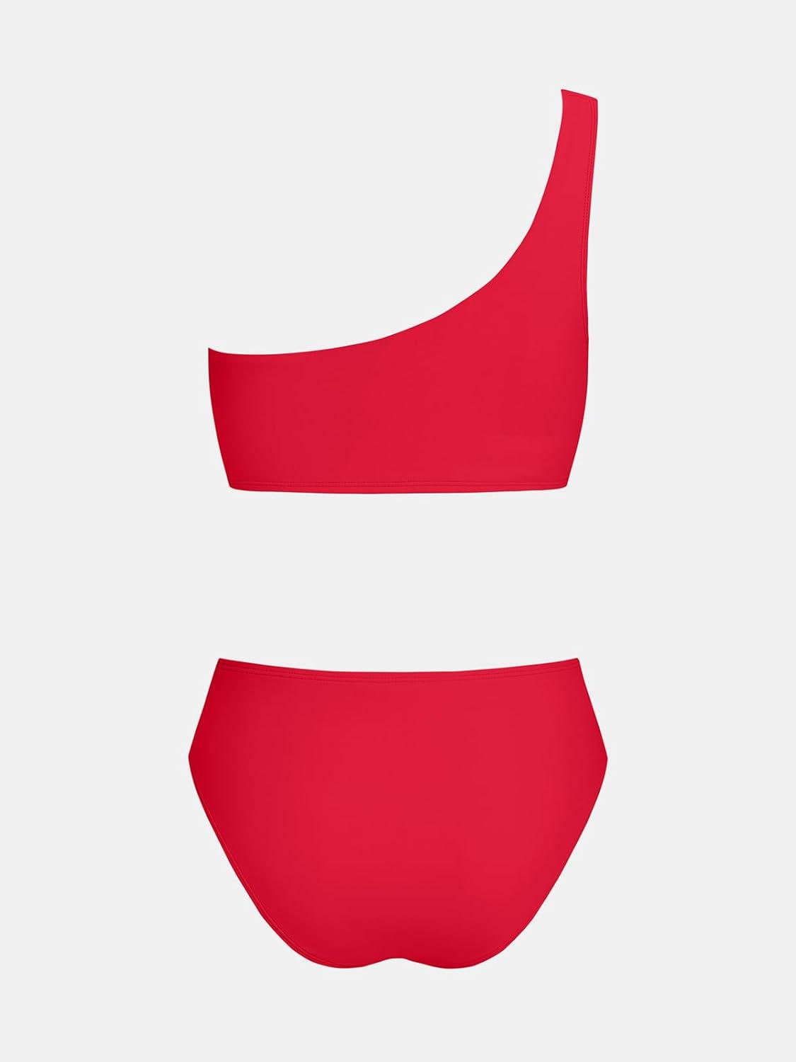 imageCUPSHE Womens Bikini Sets Two Piece Swimsuit High Waisted One Shoulder Asymmetrical Neck Self Tie Bathing SuitSolid Red