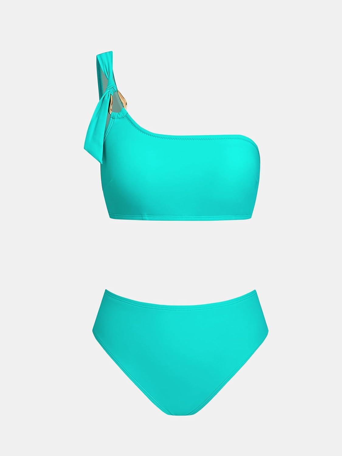 imageCUPSHE Womens Bikini Sets Two Piece Swimsuit High Waisted One Shoulder Asymmetrical Neck Self Tie Bathing SuitTurquoise Blue