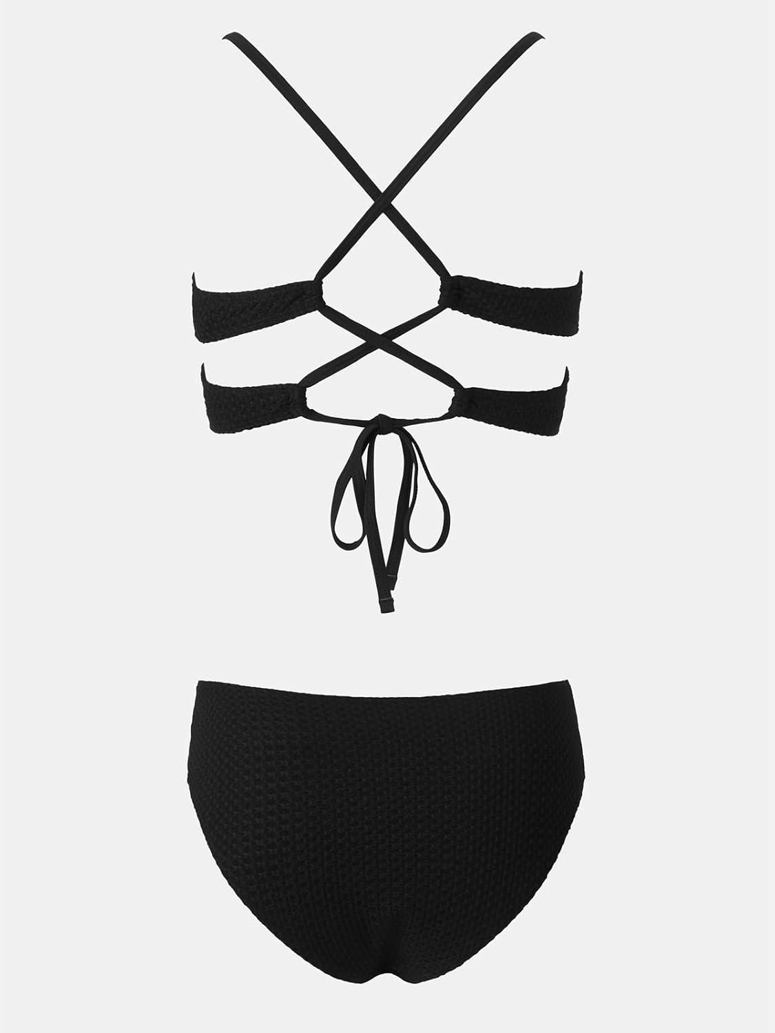 imageCUPSHE Womens Bikini Sets Two Piece Swimsuit Mid Rise Bathing Suits V Neck Crisscross Back Tie TexturedBlack