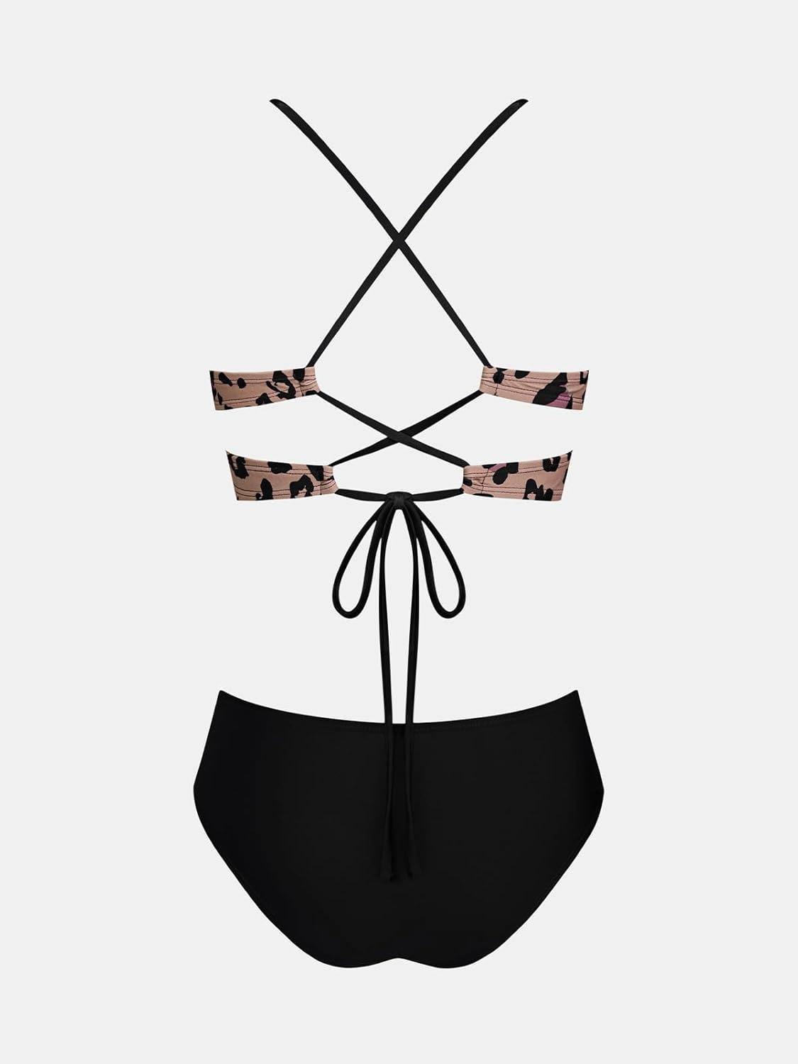 imageCUPSHE Womens Bikini Sets Two Piece Swimsuit Mid Rise Bathing Suits V Neck Crisscross Back Tie TexturedLeopardBlack