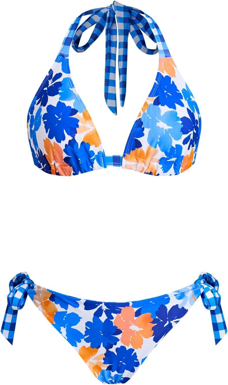 imageCUPSHE Womens Bikini Sets Two Piece Swimsuit V Neck Reversible Bottom Halter Self Tie Back HookWhiteBlueOrange