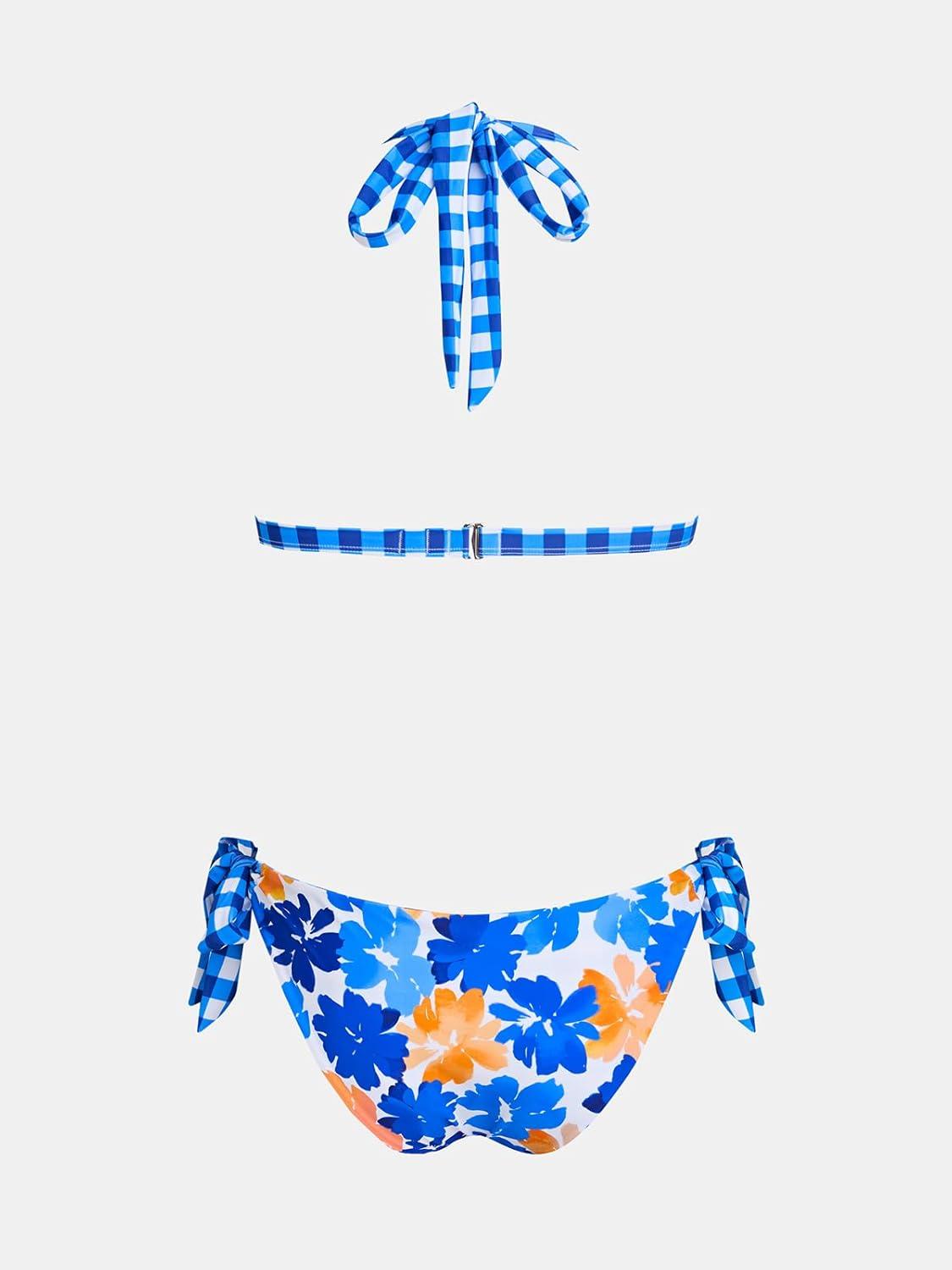 imageCUPSHE Womens Bikini Sets Two Piece Swimsuit V Neck Reversible Bottom Halter Self Tie Back HookWhiteBlueOrange