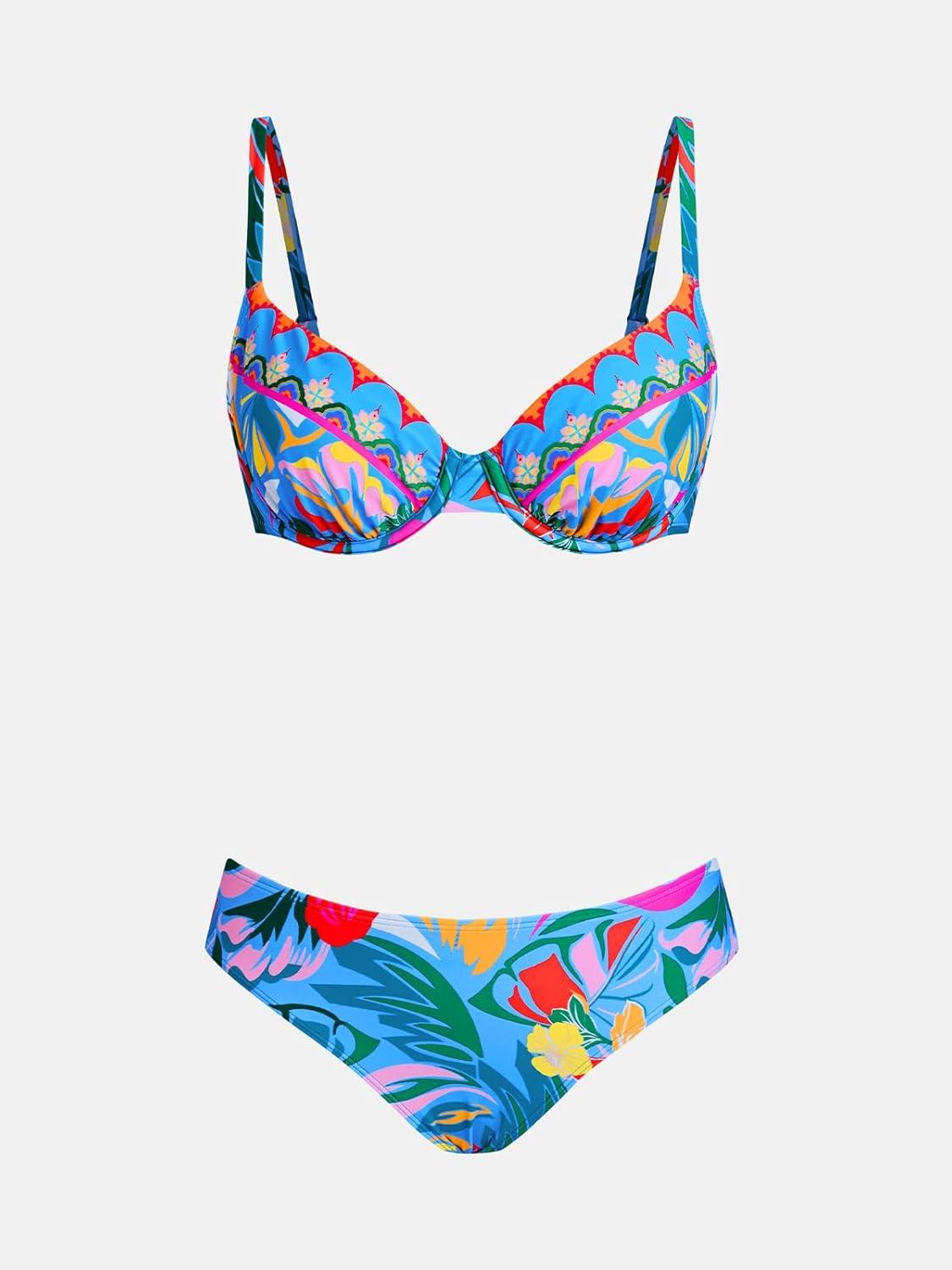 imageCUPSHE Womens Bikini Sets Two Piece Swimsuit V Wire Underwire Push Up Bathing Suit Mid Rise Back Hook Adjustable StrapsVibrant BlueFloral