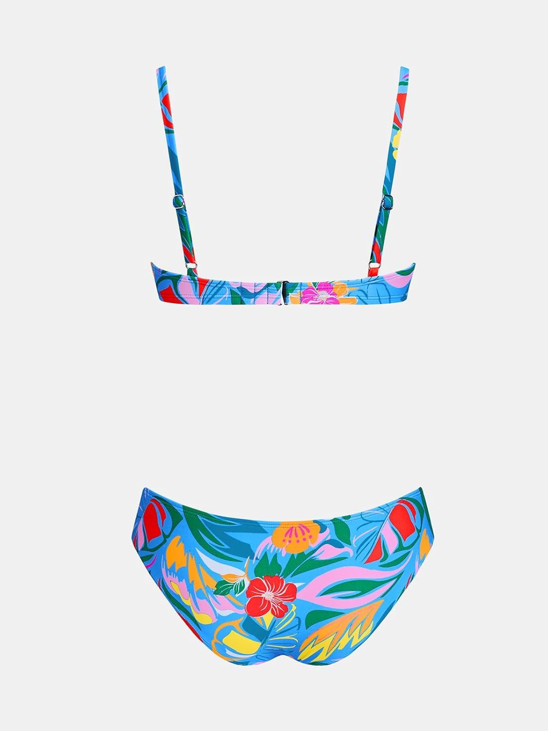imageCUPSHE Womens Bikini Sets Two Piece Swimsuit V Wire Underwire Push Up Bathing Suit Mid Rise Back Hook Adjustable StrapsVibrant BlueFloral