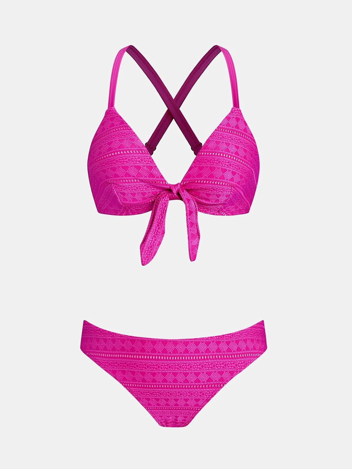 imageCUPSHE Womens Bikini Sets V Neck Two Piece Bathing Suits Textured Bunny Tie Adjustable StrapsHot Pink