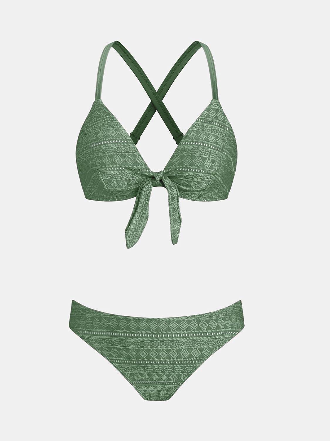 imageCUPSHE Womens Bikini Sets V Neck Two Piece Bathing Suits Textured Bunny Tie Adjustable StrapsPale Green