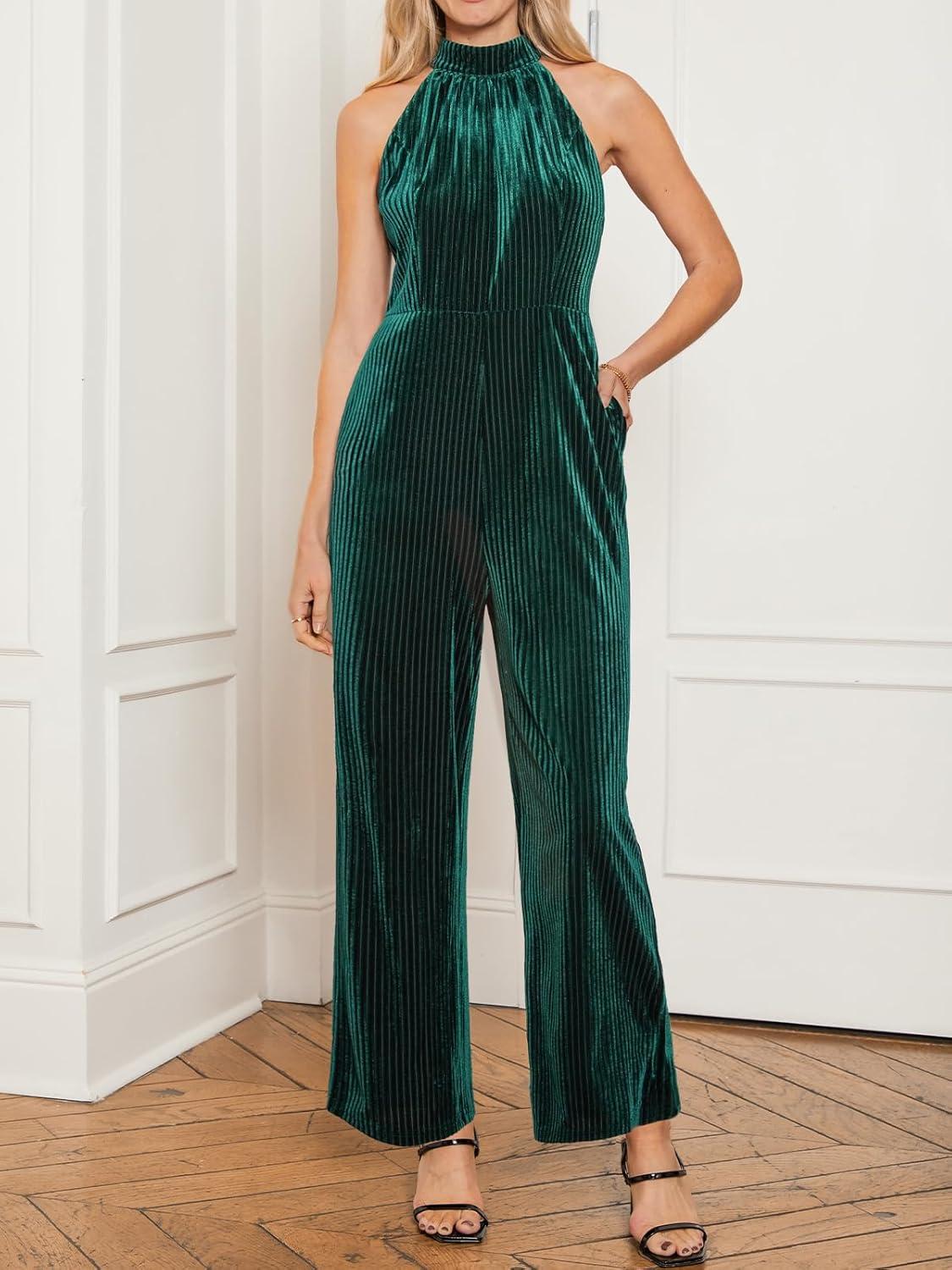 imageCUPSHE Womens Corduroy Jumpsuit Halter Neck Sleeveless Straight Leg Rompers High Waist Party Dressy Jumpsuits 2025Green