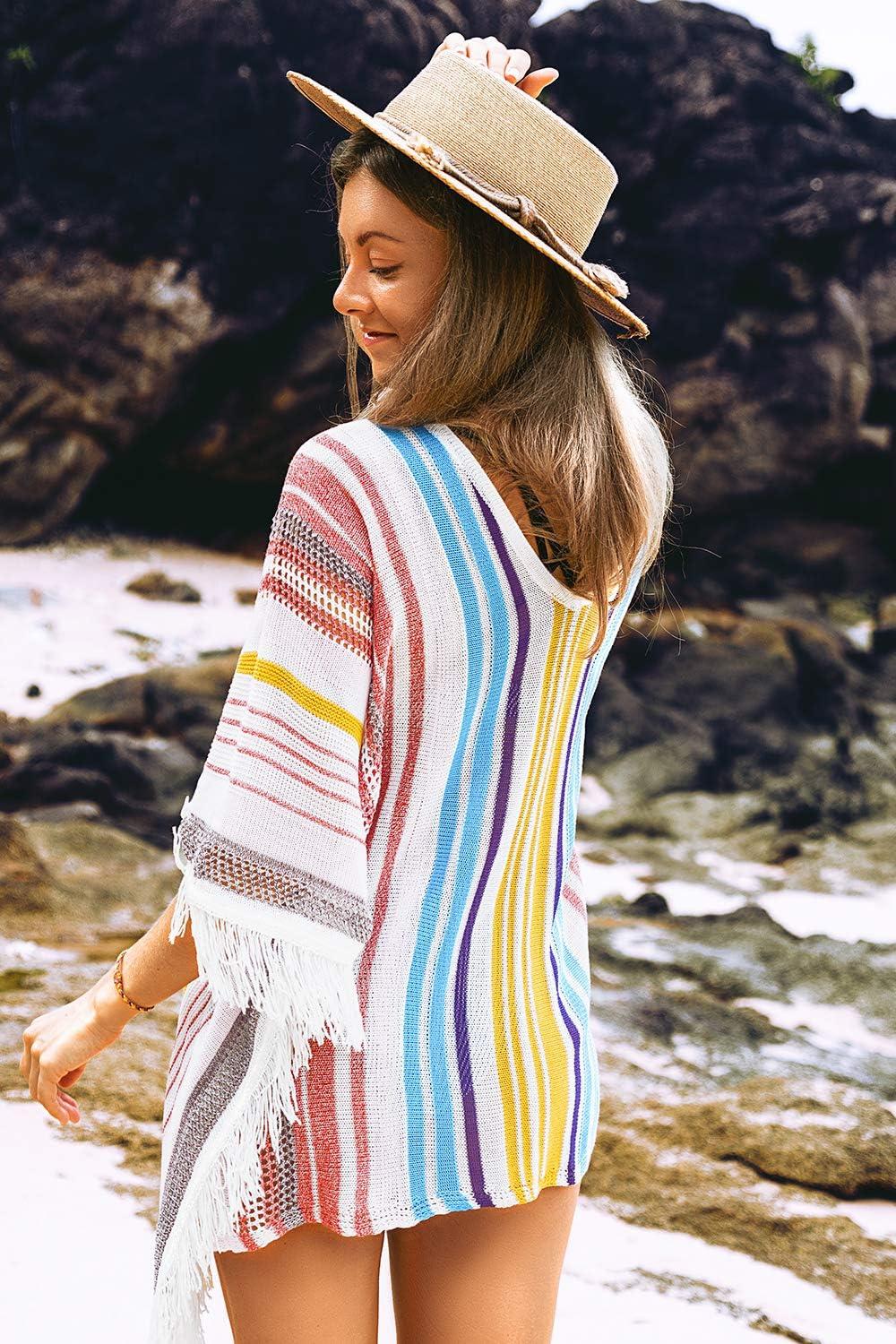 imageCUPSHE Womens Crochet Beach Bikini Cover Up Colorful Strip Tassels V Neck Drop Shoulde 34 Sleeve Loose Waisted Mini LengthRed