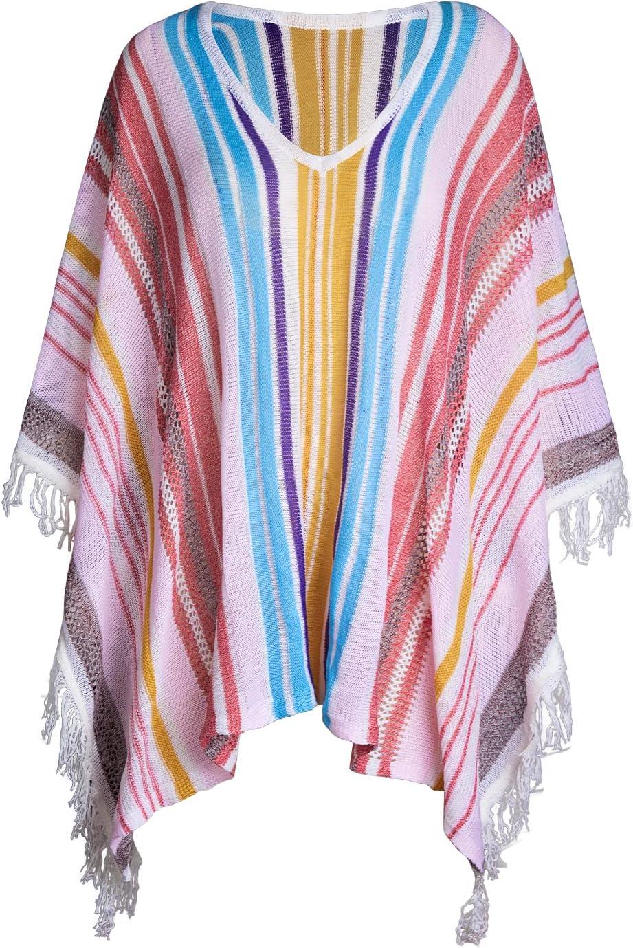 imageCUPSHE Womens Crochet Beach Bikini Cover Up Colorful Strip Tassels V Neck Drop Shoulde 34 Sleeve Loose Waisted Mini LengthRed
