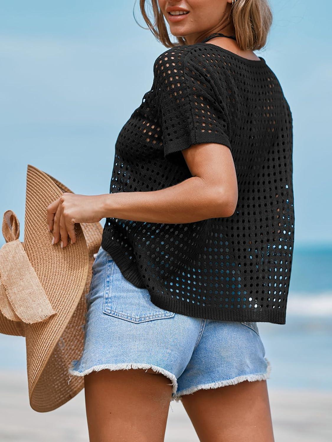 imageCUPSHE Womens Crochet Cover Up Tops Hollow Out Short Sleeve Swimsuit Coverups Knit Mesh Pullover TopBlack