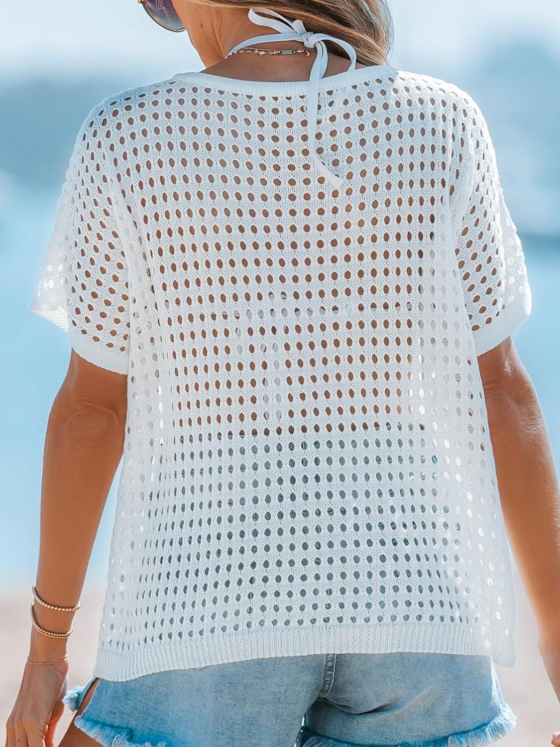 imageCUPSHE Womens Crochet Cover Up Tops Hollow Out Short Sleeve Swimsuit Coverups Knit Mesh Pullover TopWhite