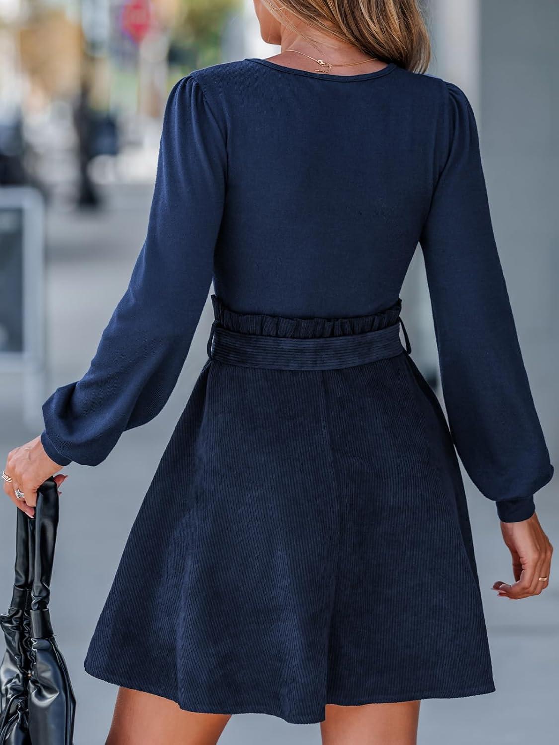 imageCUPSHE Womens Fall Dresses Corduroy Belted Tie Waist Long Sleeve Round Neck Casual A Line Mini DressBlue