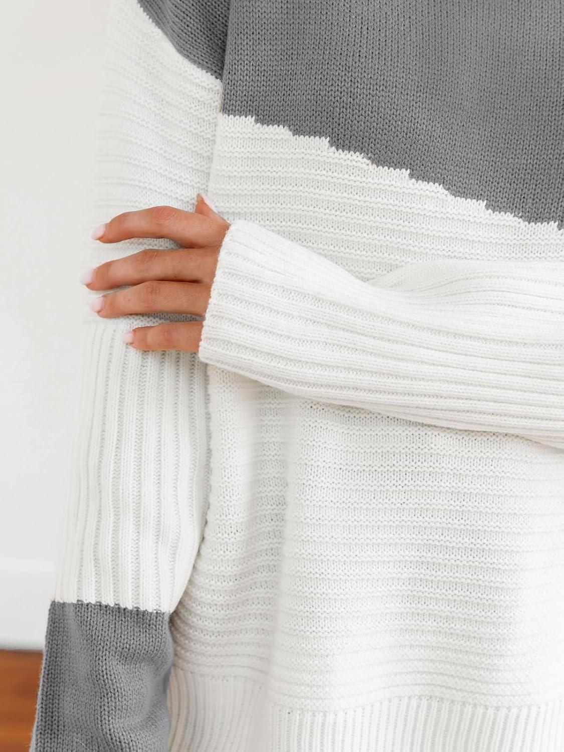 imageCUPSHE Womens Fall Long Sleeve Mock Neck Sweaters Colorblock Oversized Long Sleeve Knit Pullover Jumper TopsGrey