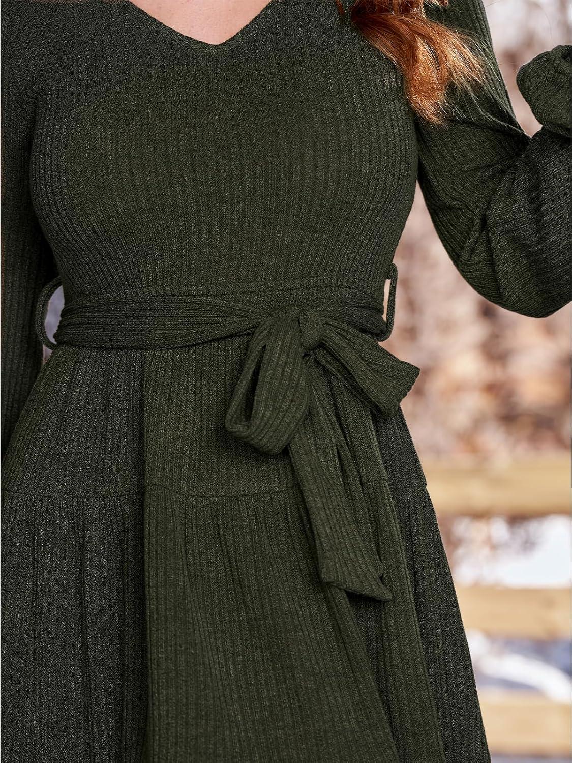 imageCUPSHE Womens Fall Sweater Dress Long Sleeve V Neck Waist Tie Casual Ruffle Mini DressGreen