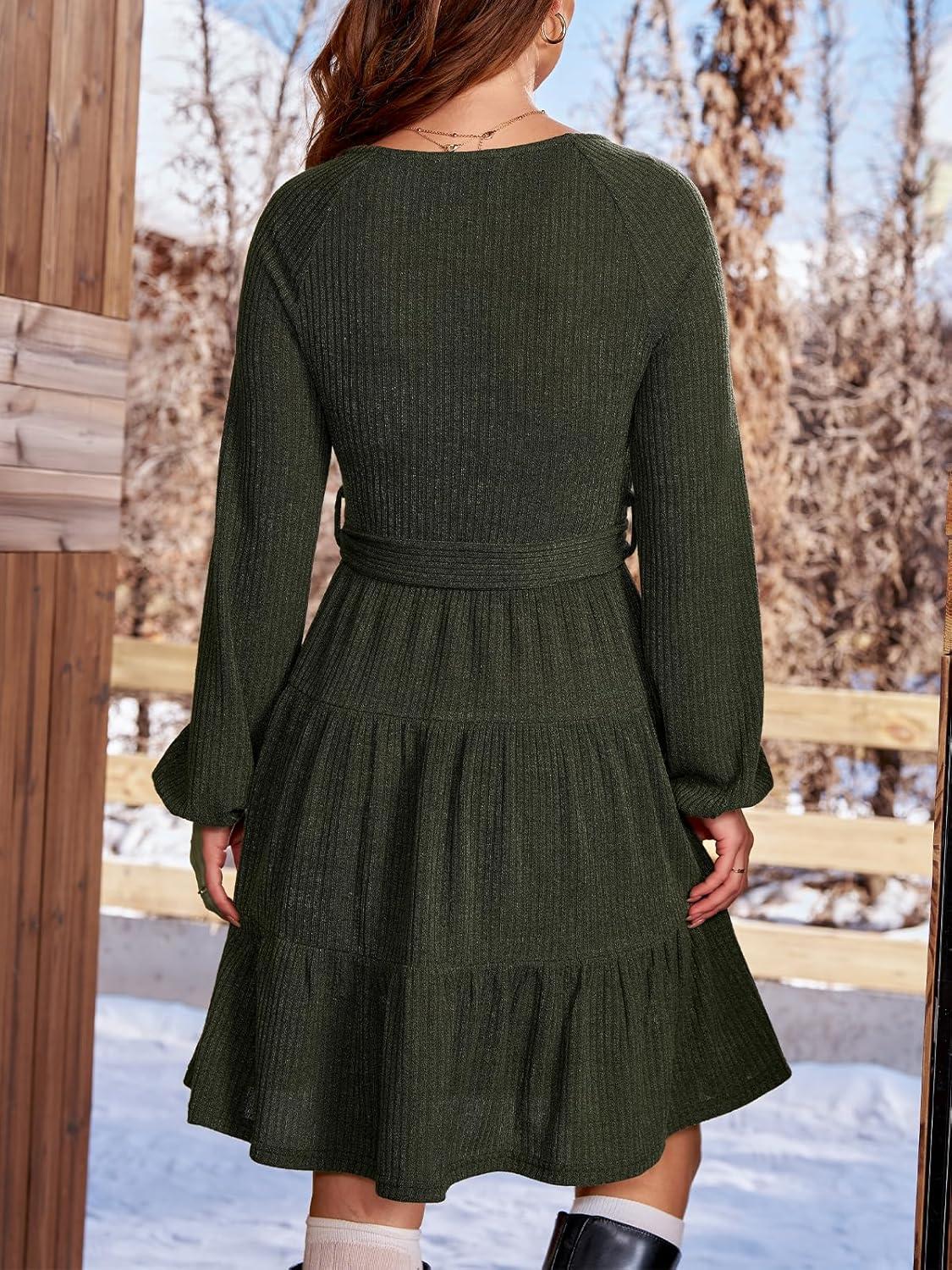 imageCUPSHE Womens Fall Sweater Dress Long Sleeve V Neck Waist Tie Casual Ruffle Mini DressGreen