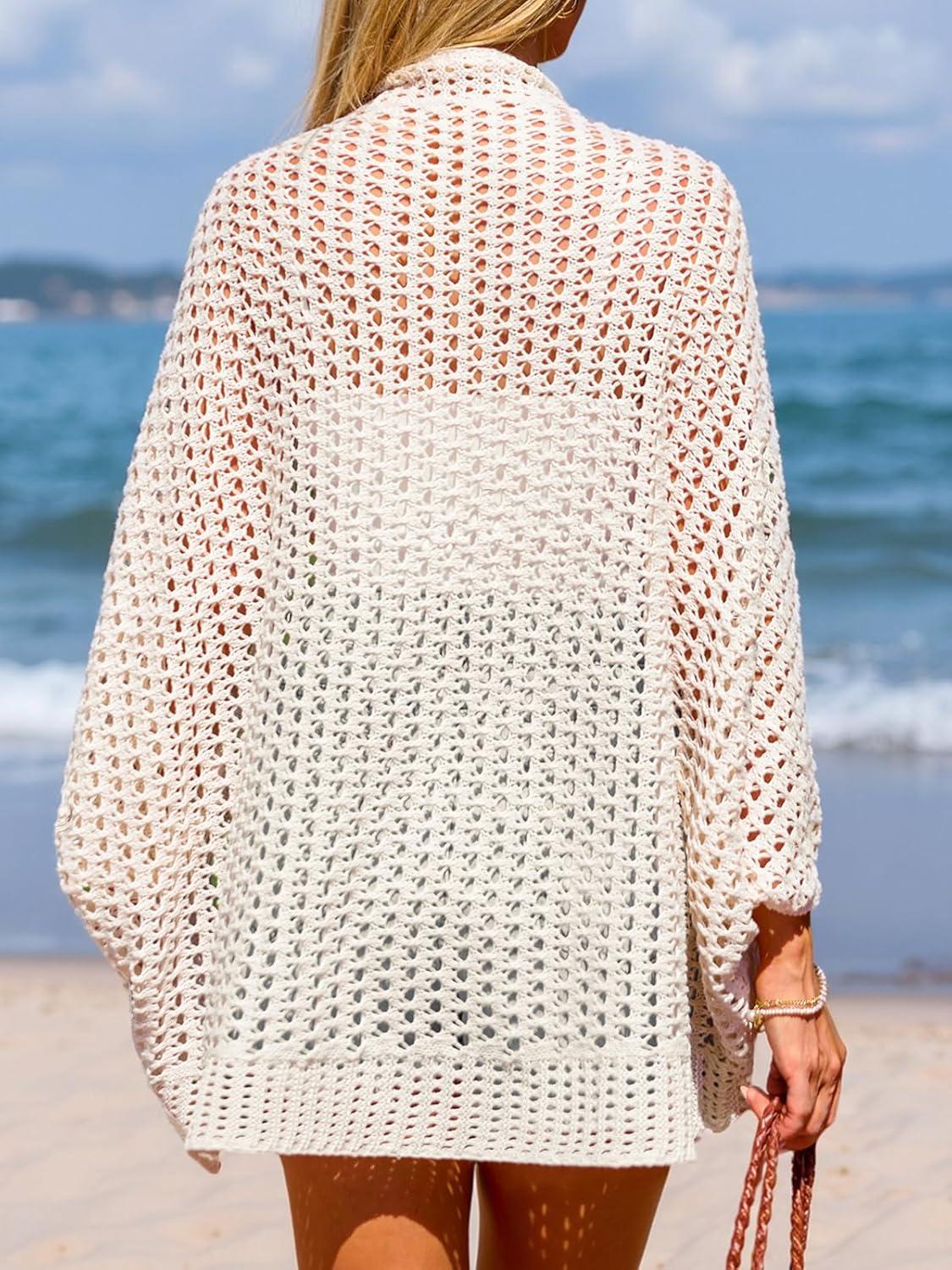 imageCUPSHE Womens Knit Open Front Long Dolman Sleeves Beach Crocheted CoverUp VacationOffwhite
