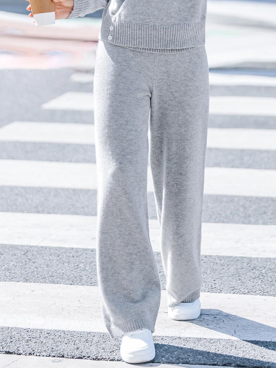 imageCUPSHE Womens Knit Pants Wide Leg High Waist Casual Lounge Stretch Cozy Trousers Fall WinterGrey