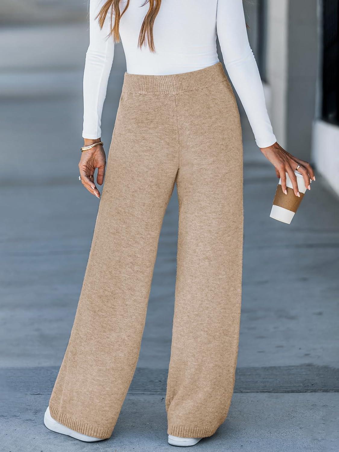 imageCUPSHE Womens Knit Pants Wide Leg High Waist Casual Lounge Stretch Cozy Trousers Fall WinterLight Camel