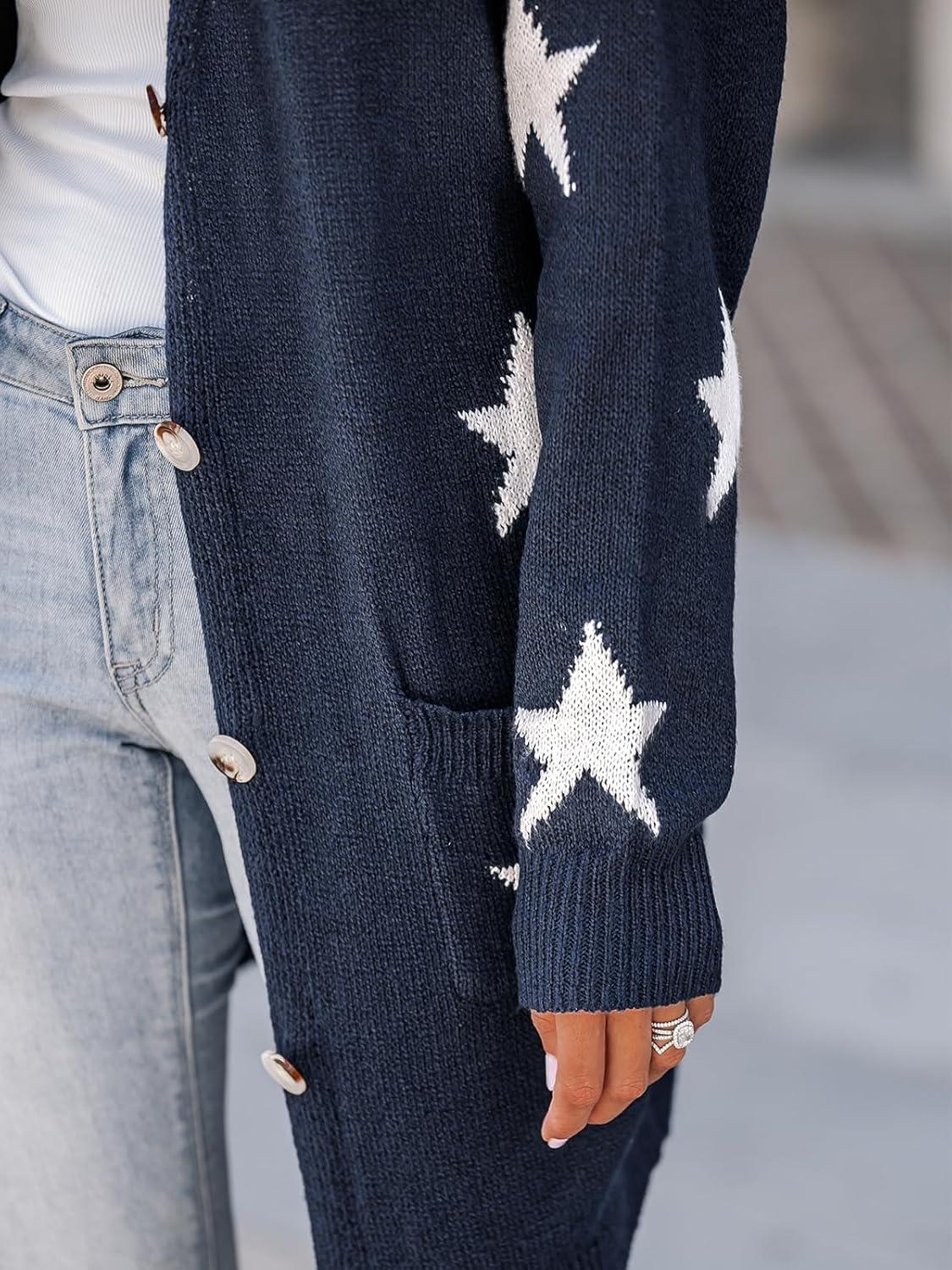 imageCUPSHE Womens Long Sleeve Cardigan Sweater Knit Button Down Open Front Sweater Coat Star Print Outwear with PocketsNavy
