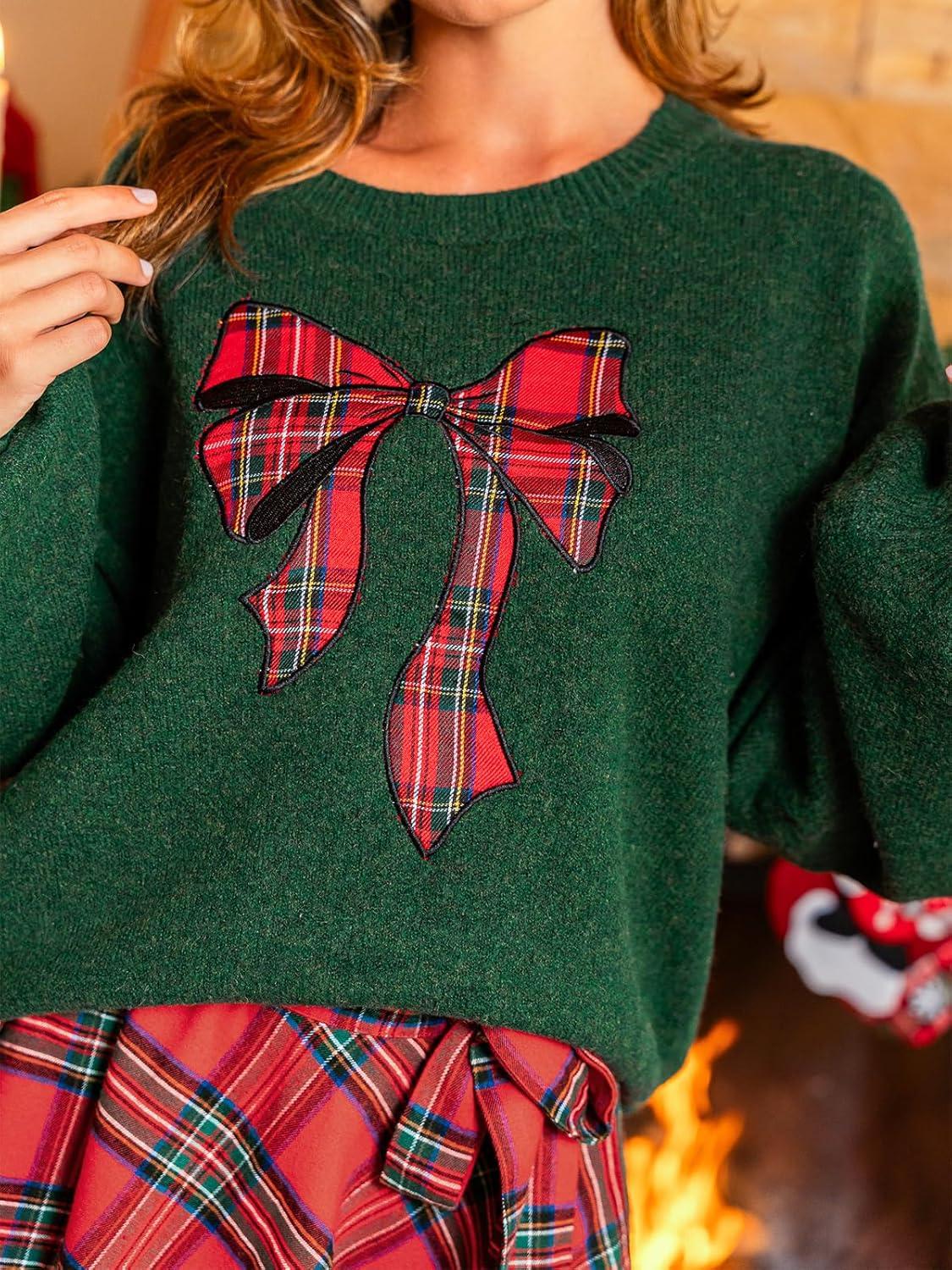imageCUPSHE Womens Long Sleeve Christmas Fall Sweater Crewneck Pattern Loose Fit Pullover Holiday Sweater Knit TopBgreen