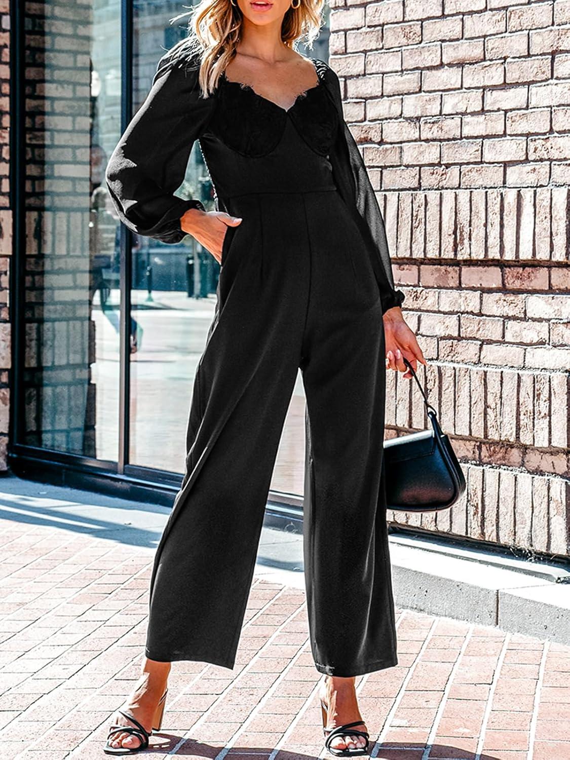 imageCUPSHE Womens Maxi Jumpsuit V Neck Long Sleeve Wide Leg Lace One Piece Fall Casual Outfit Pants Jumpsuits with PocketsBlack