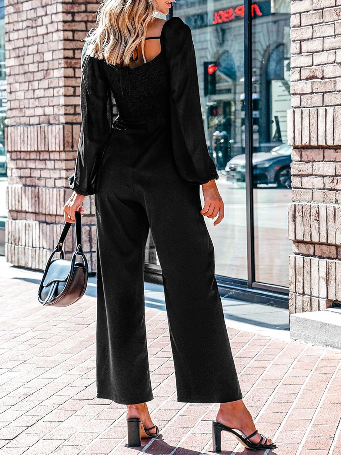 imageCUPSHE Womens Maxi Jumpsuit V Neck Long Sleeve Wide Leg Lace One Piece Fall Casual Outfit Pants Jumpsuits with PocketsBlack