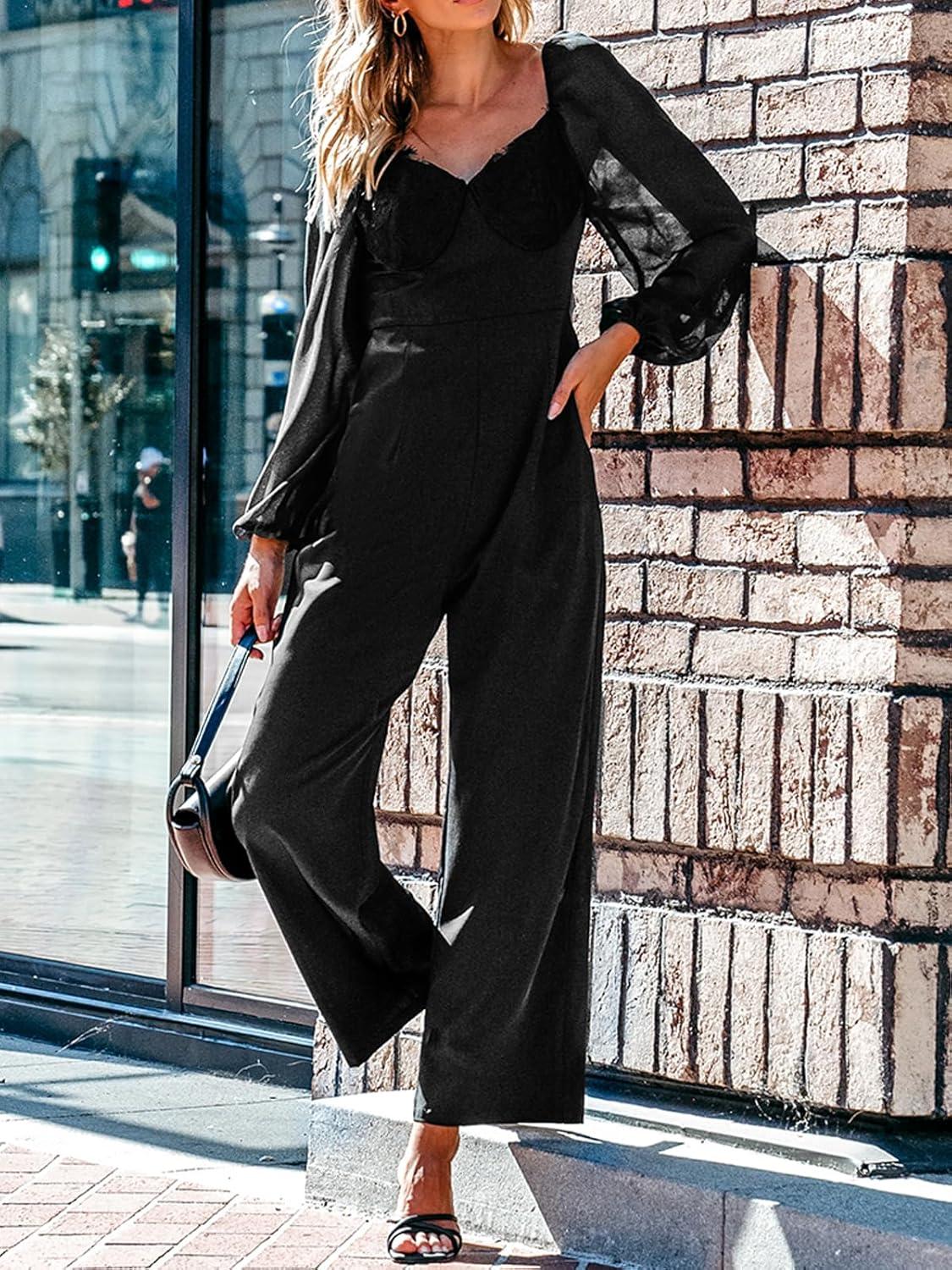 imageCUPSHE Womens Maxi Jumpsuit V Neck Long Sleeve Wide Leg Lace One Piece Fall Casual Outfit Pants Jumpsuits with PocketsBlack
