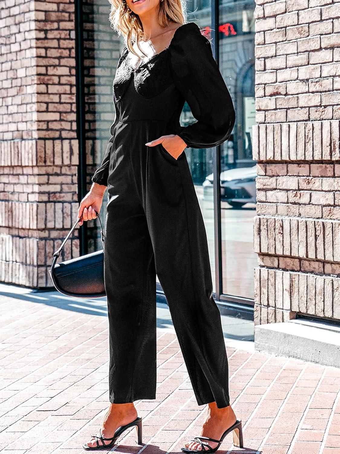 imageCUPSHE Womens Maxi Jumpsuit V Neck Long Sleeve Wide Leg Lace One Piece Fall Casual Outfit Pants Jumpsuits with PocketsBlack