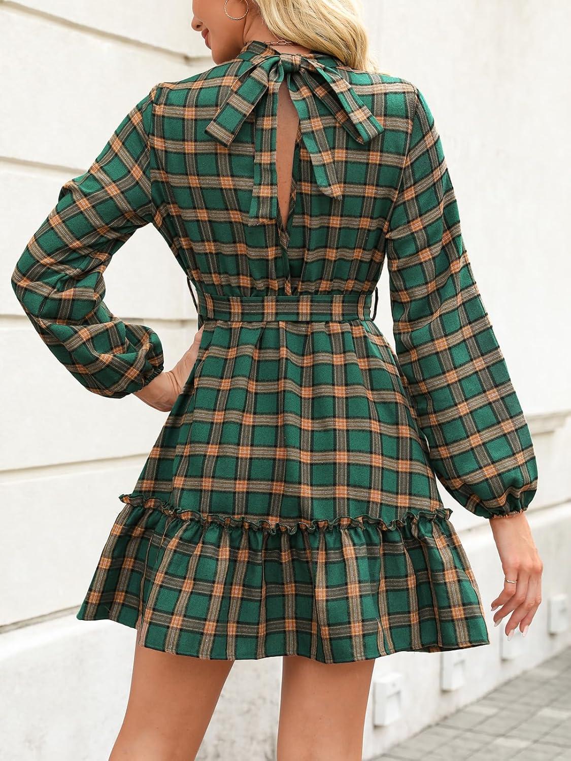 imageCUPSHE Womens Mini Dress High Neck Plaid Long Sleeve Belted Ruffled Hem Short DressesGreen